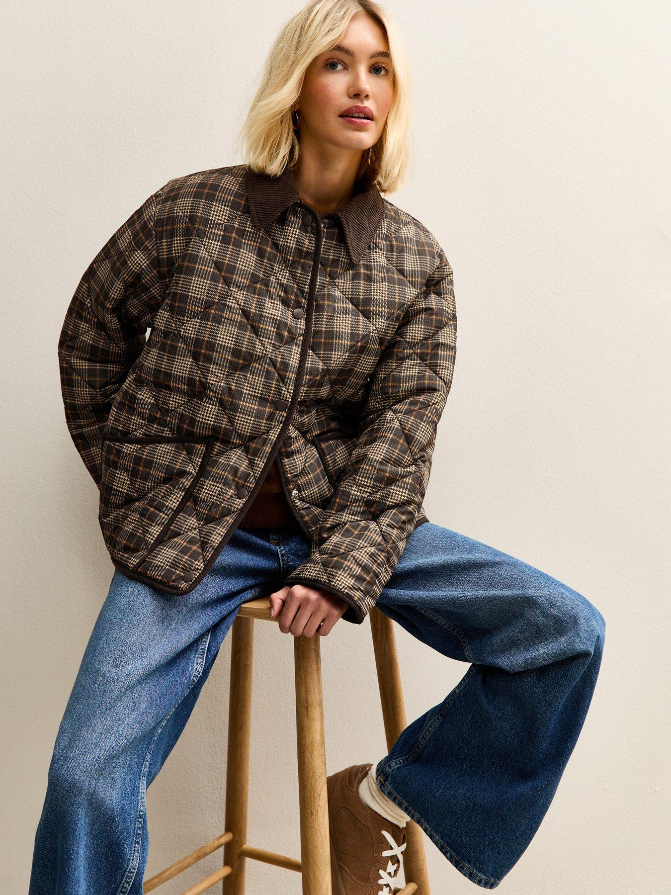 Image 1 of 6 of New Look Checked Contrast Trim Quilted Barn Jacket - Brown