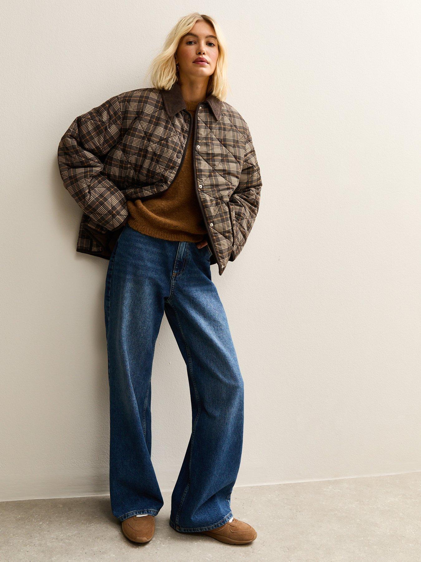 Image 3 of 6 of New Look Checked Contrast Trim Quilted Barn Jacket - Brown