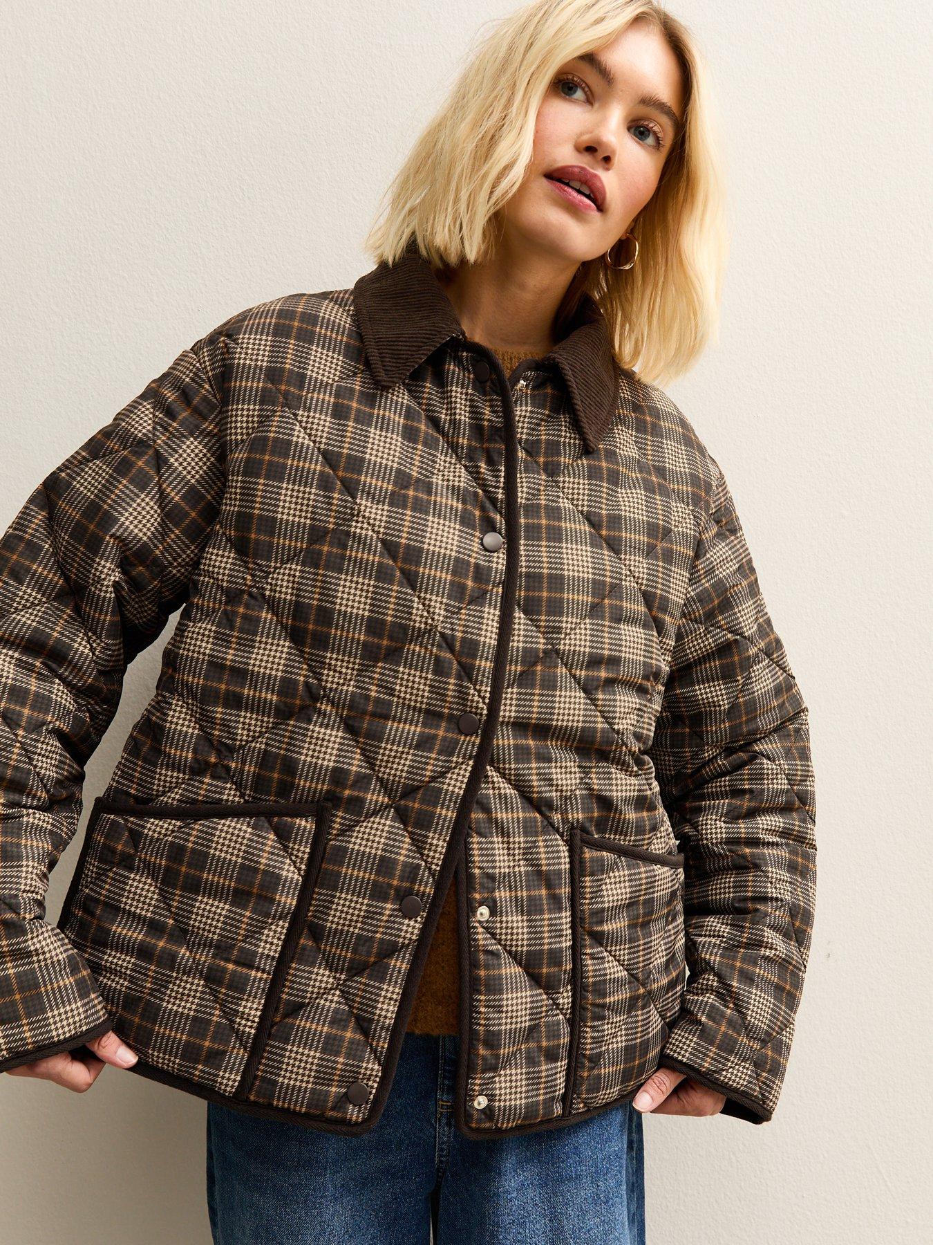 Image 4 of 6 of New Look Checked Contrast Trim Quilted Barn Jacket - Brown
