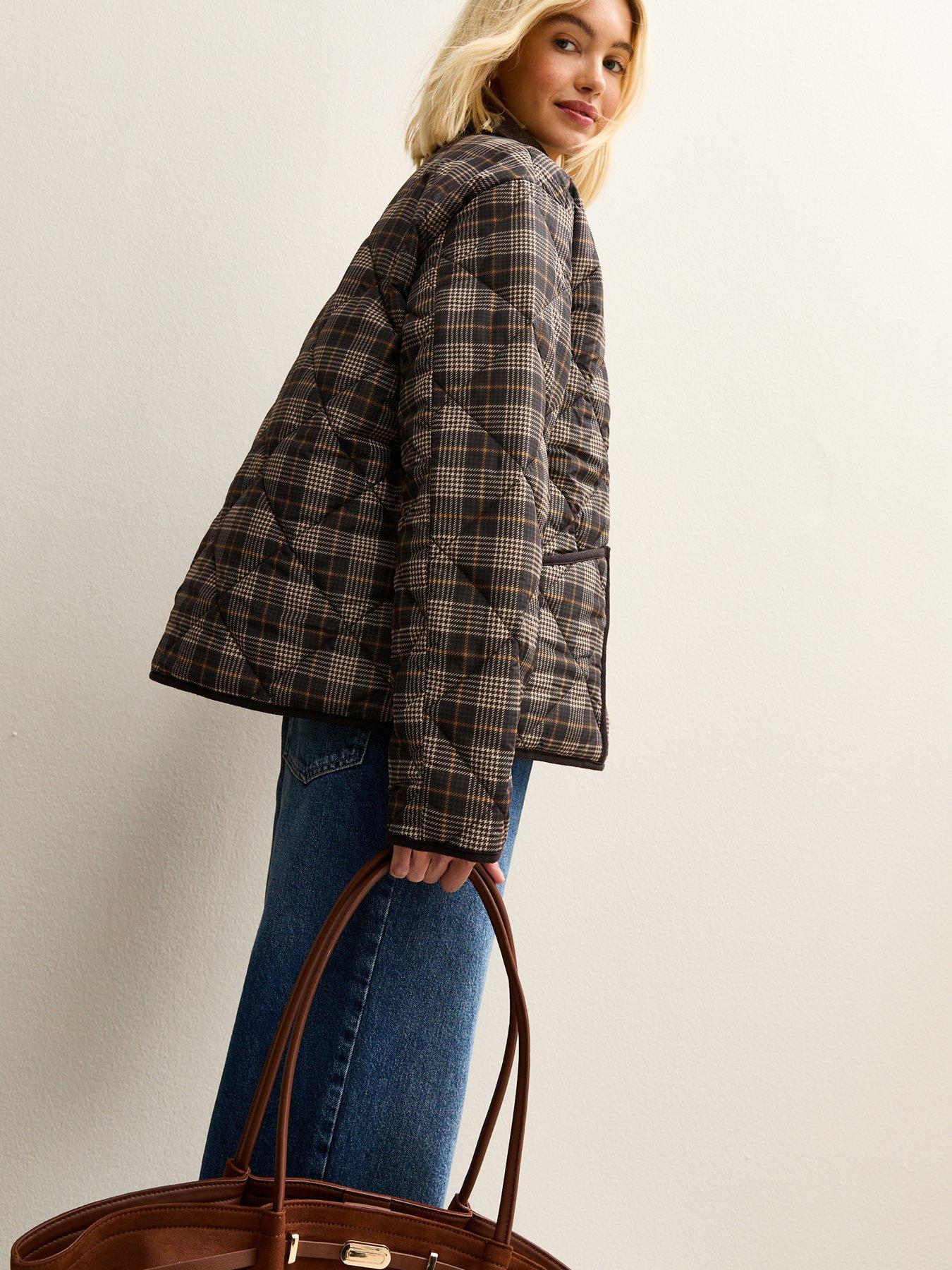 Image 6 of 6 of New Look Checked Contrast Trim Quilted Barn Jacket - Brown