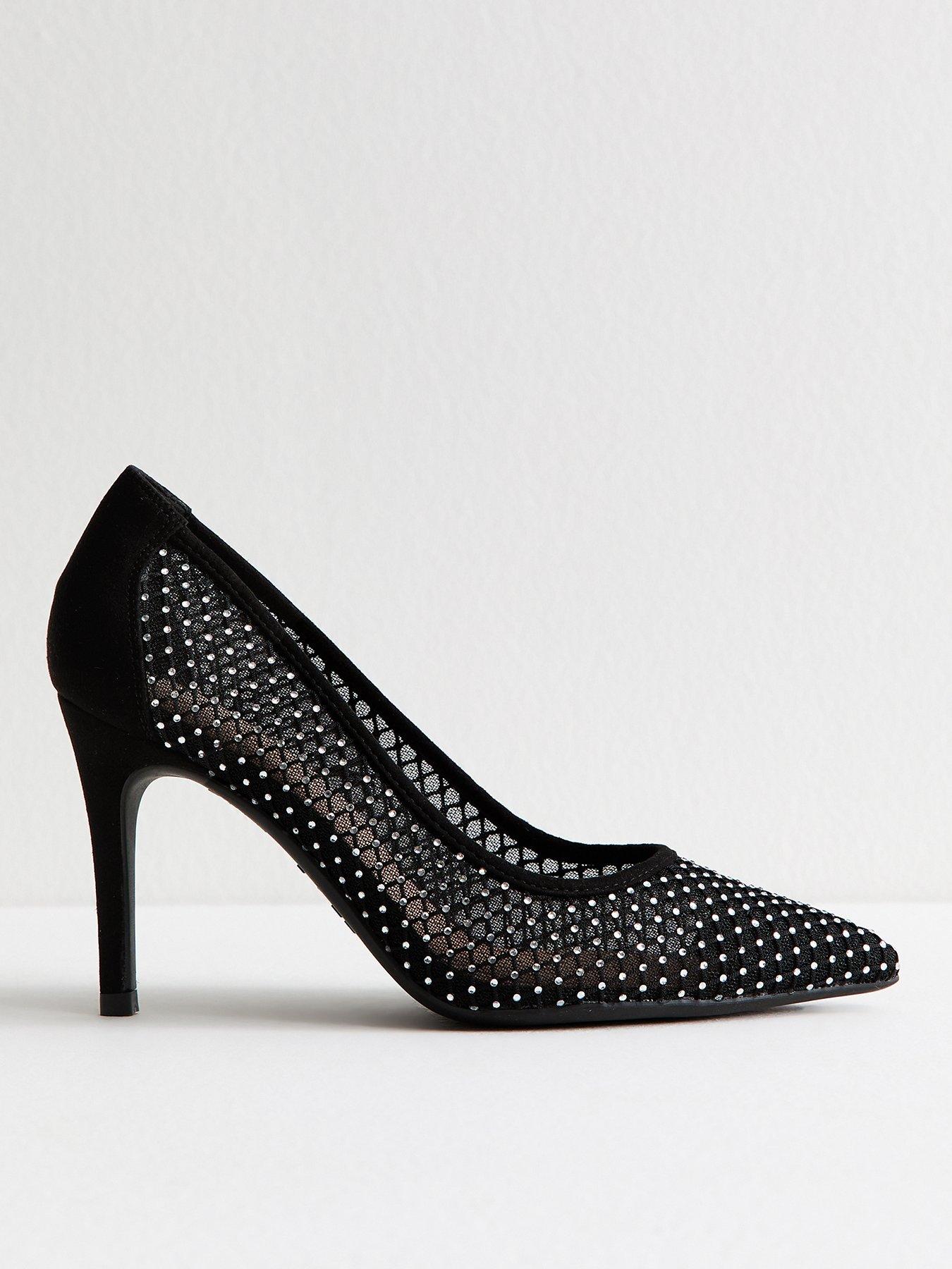 New Look Wide Fit Black Diamante Heel Court Shoes - Black