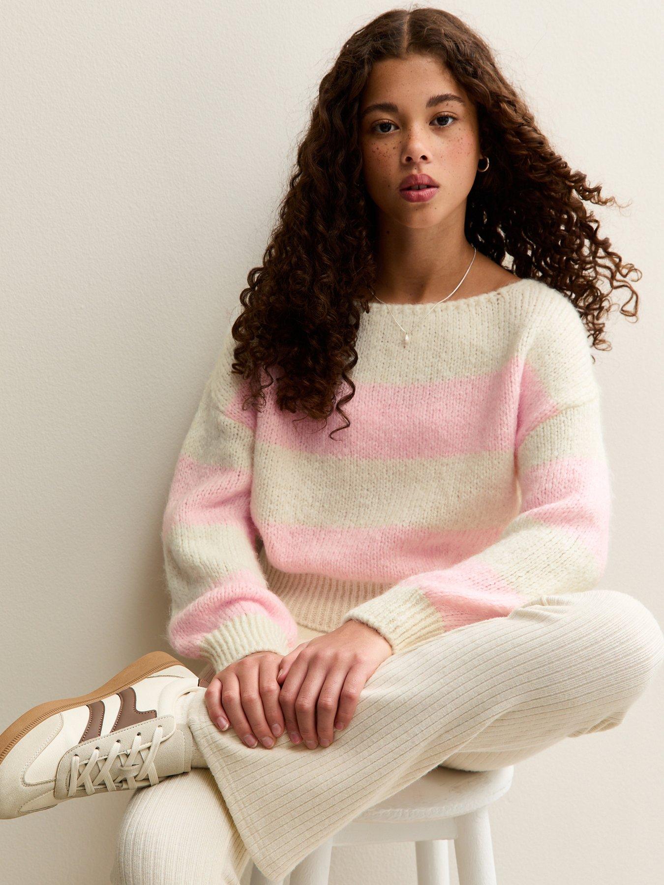 New Look 915 Girls Striped Slash Neck Jumper - Pink