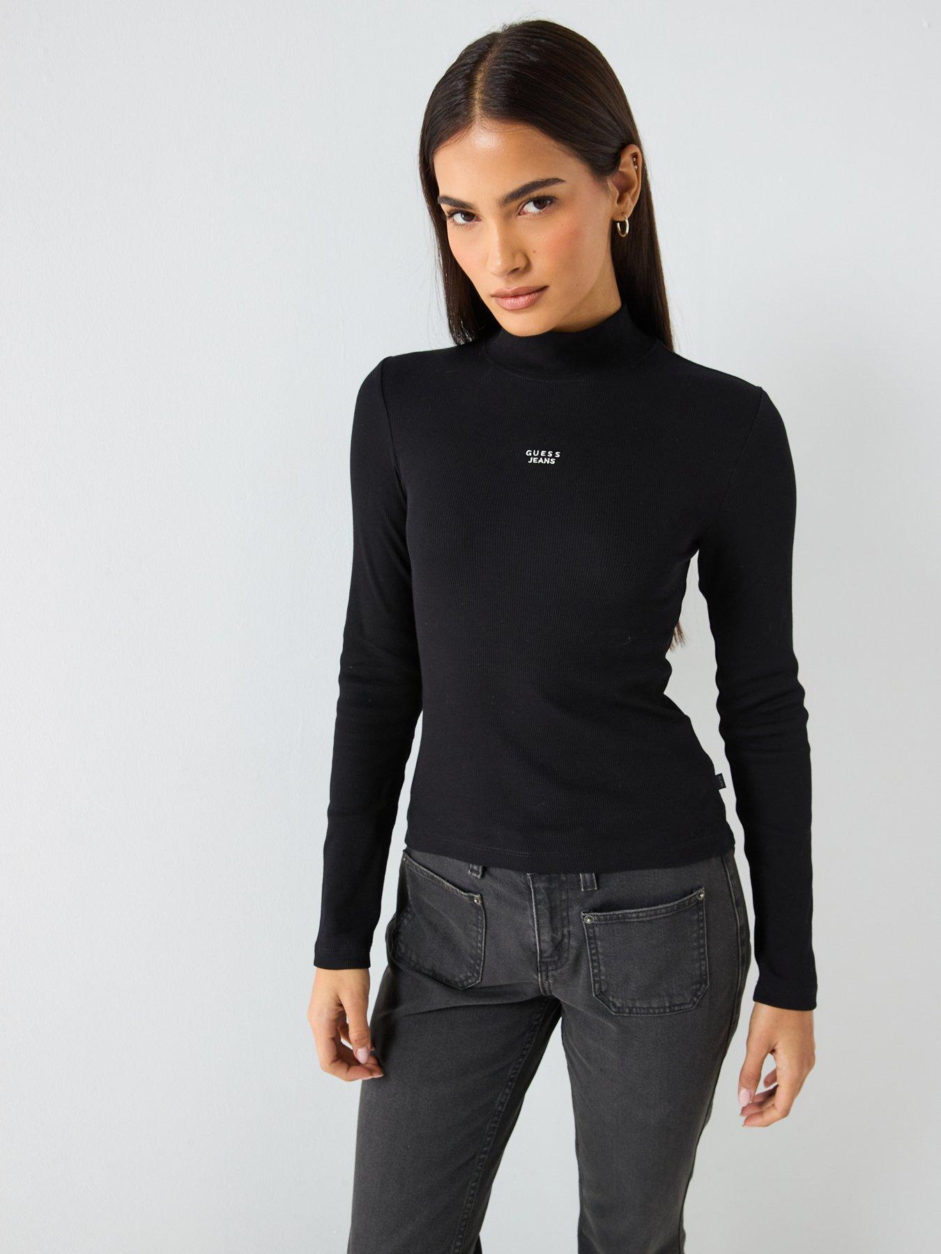 guess-jeans-mock-neck-slim-ribbed-top-black