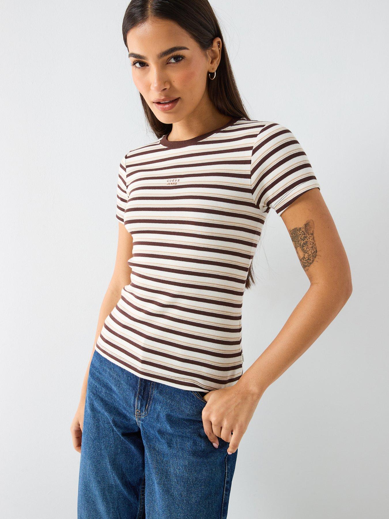 guess-jeans-stripe-logo-slim-t-shirt-brown