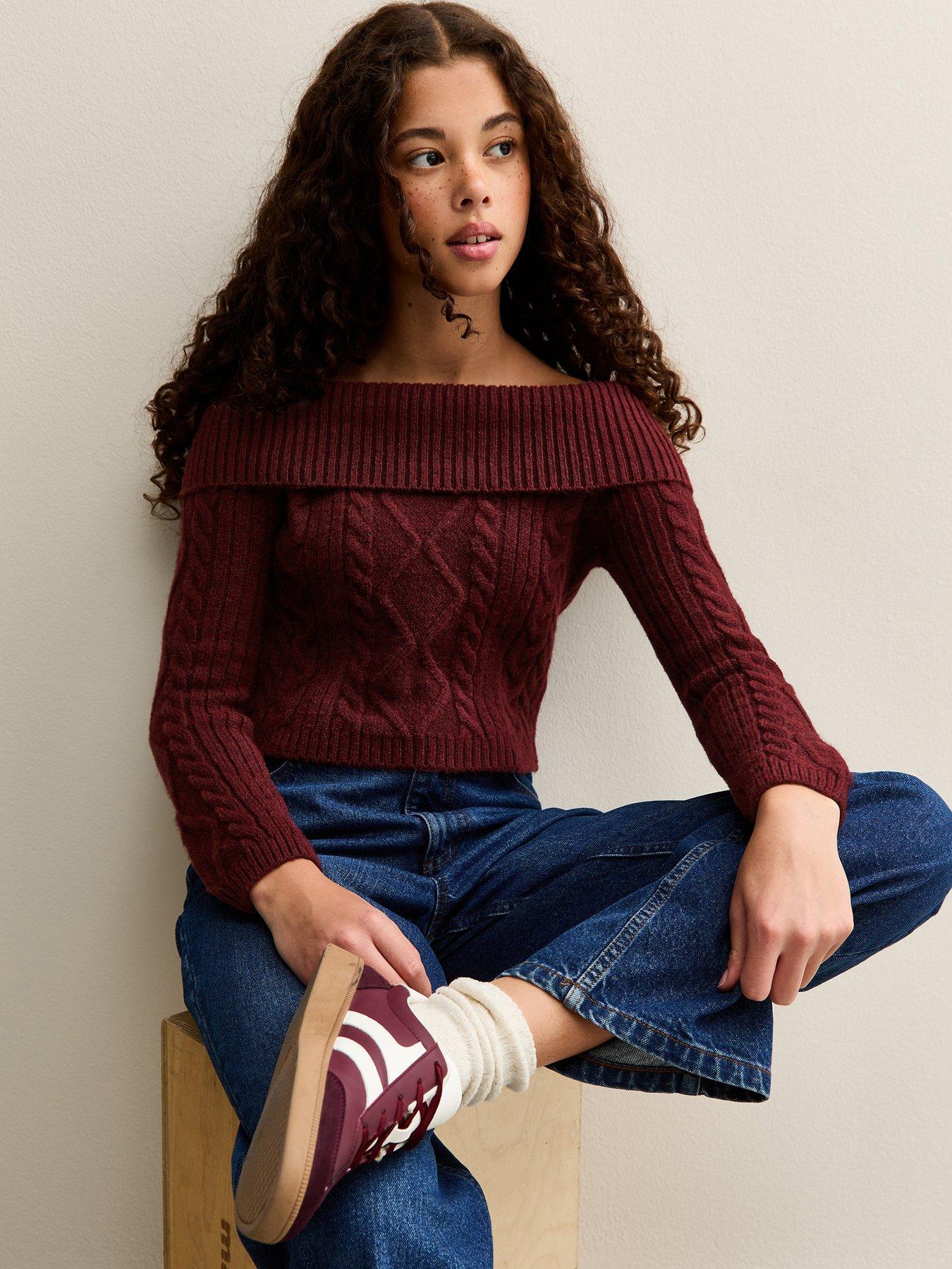 New Look 915 Girls Dark Burgundy Cable Knit Off Shoulder Jumper - Dark Red