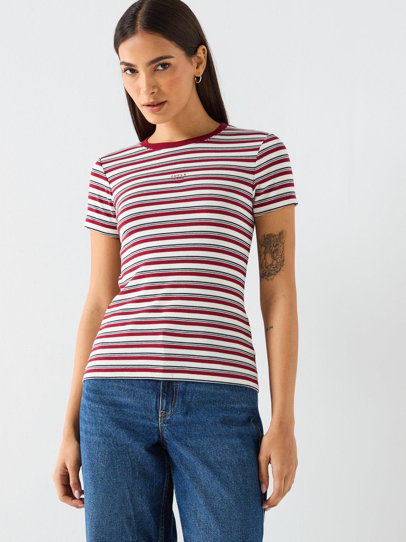 guess-jeans-stripe-logo-slim-t-shirt--redfront