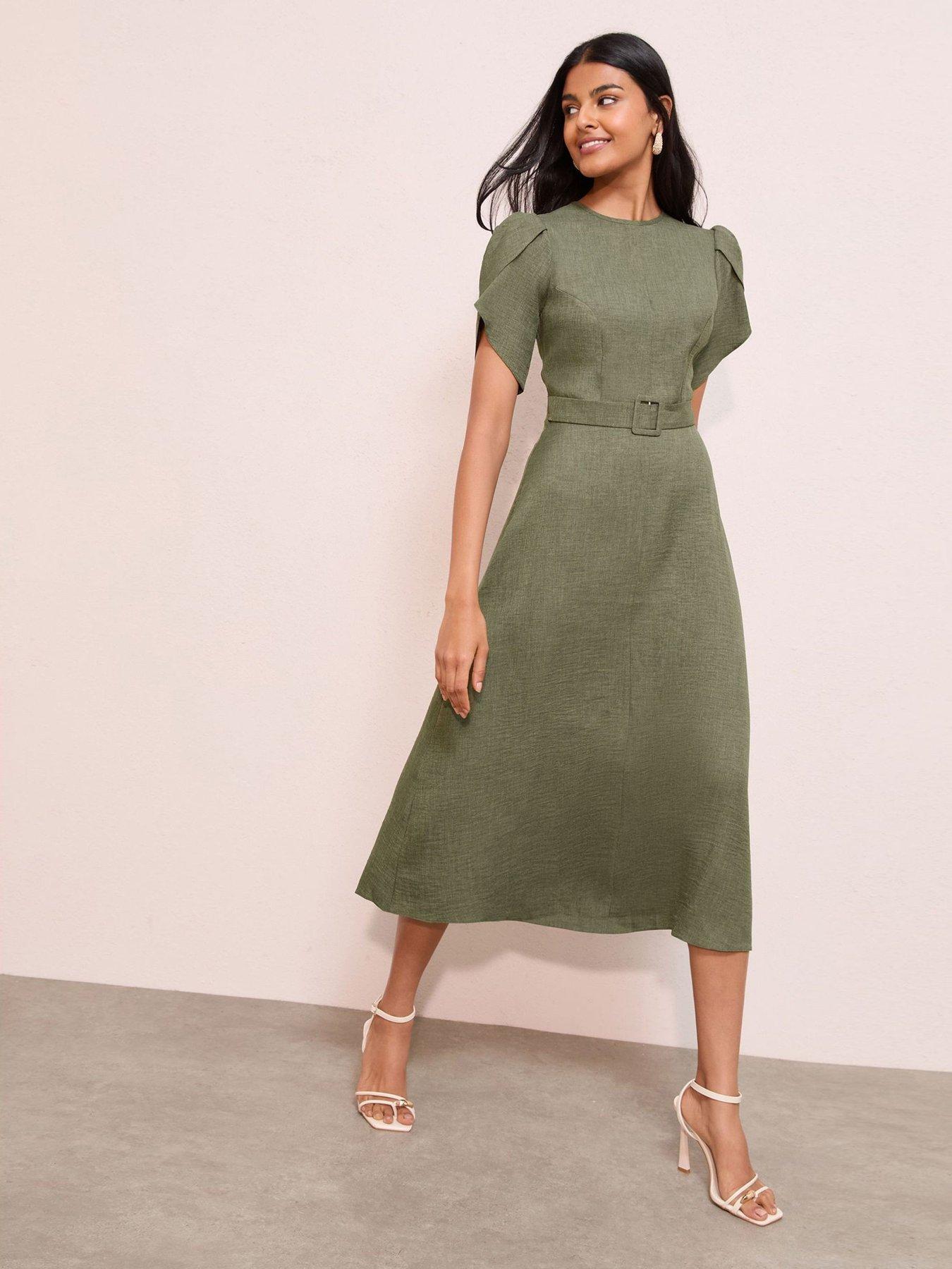 Friends Like These Petal Sleeve Belted Dress - Khaki
