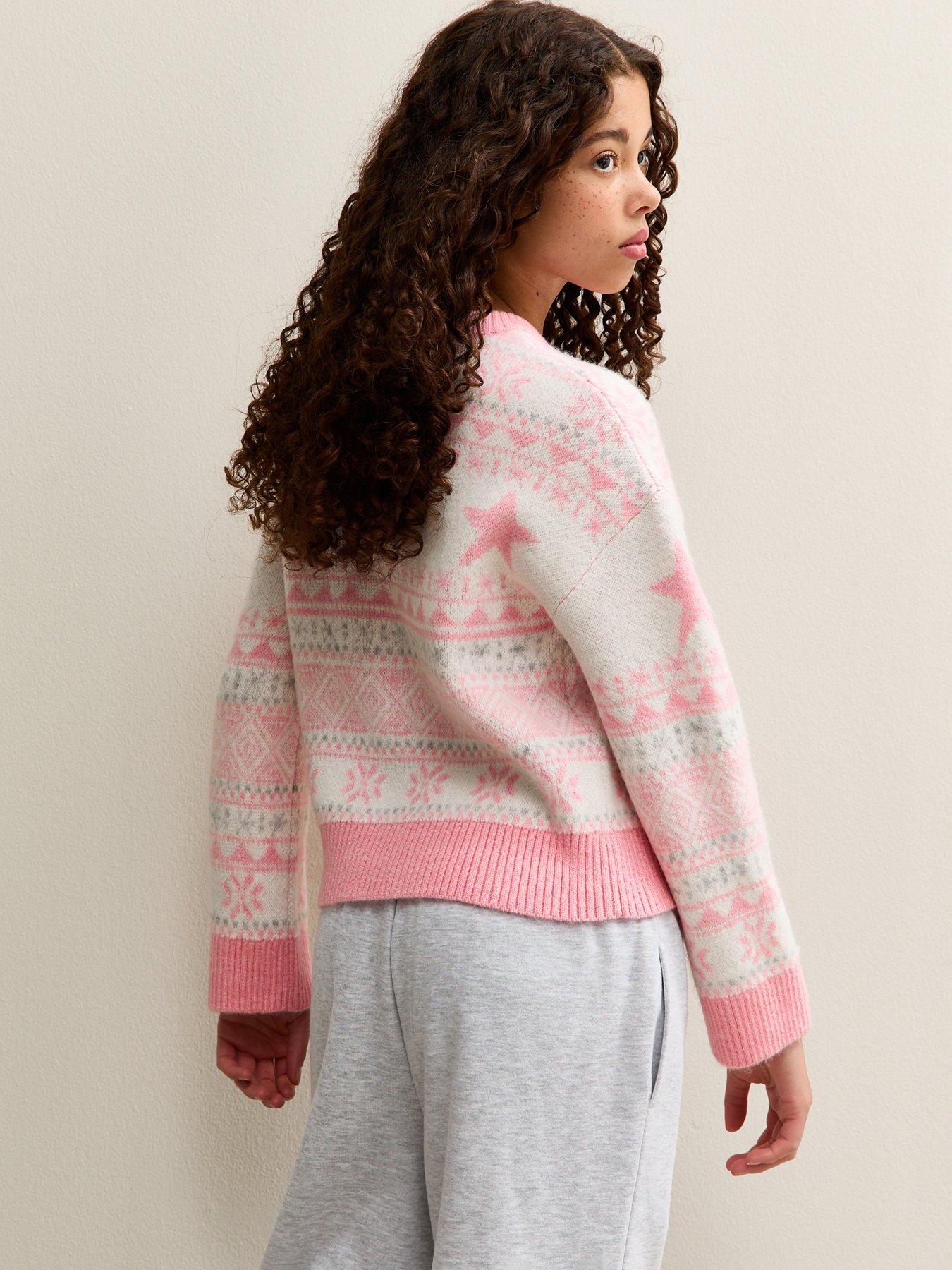 new-look-915-girls-star-pattern-fairisle-jumper-pinkstillFront