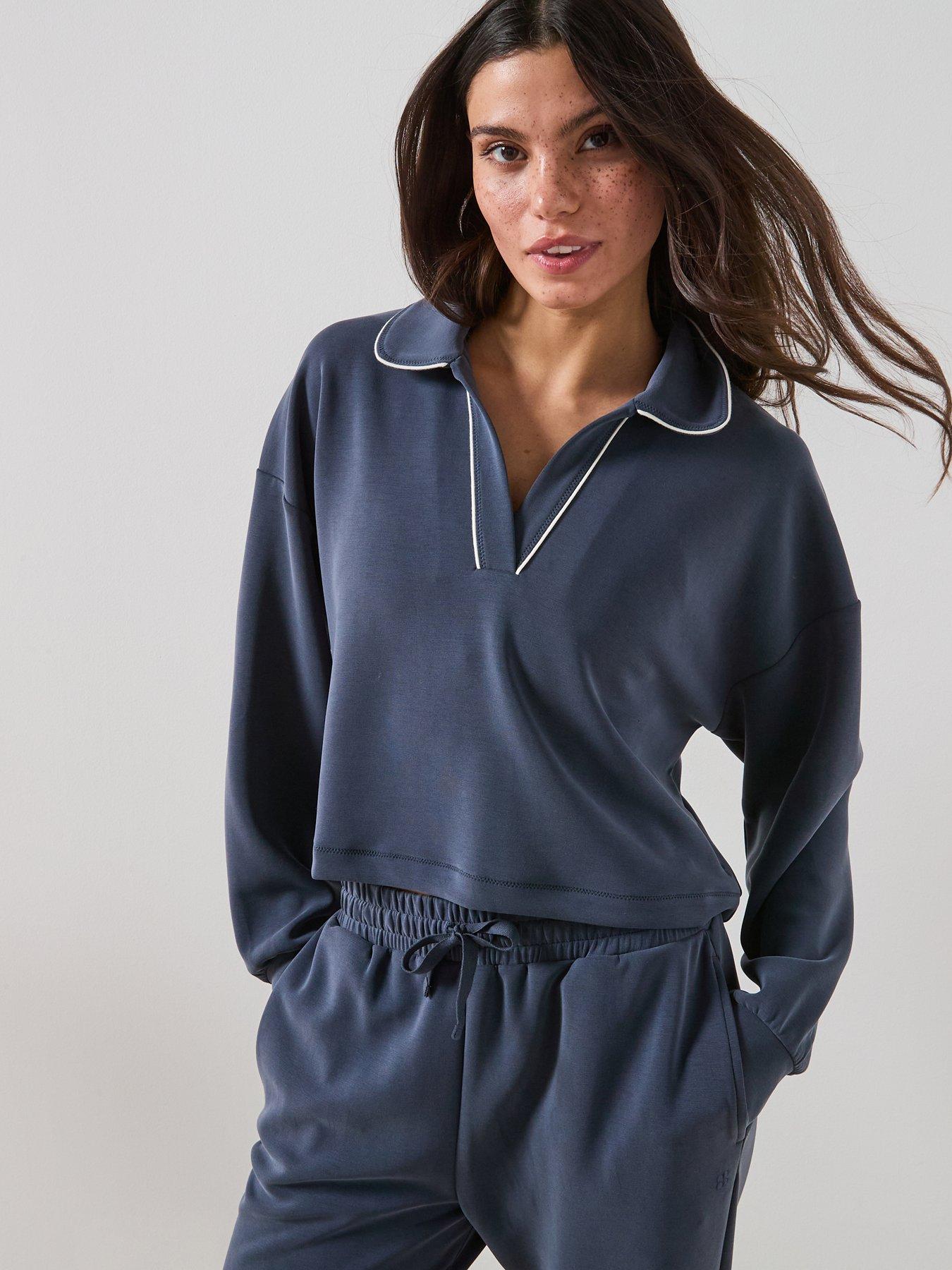 Image 1 of 5 of Sweaty Betty Womens Training Sand Wash Crop Henley Sweatshirt - Navy