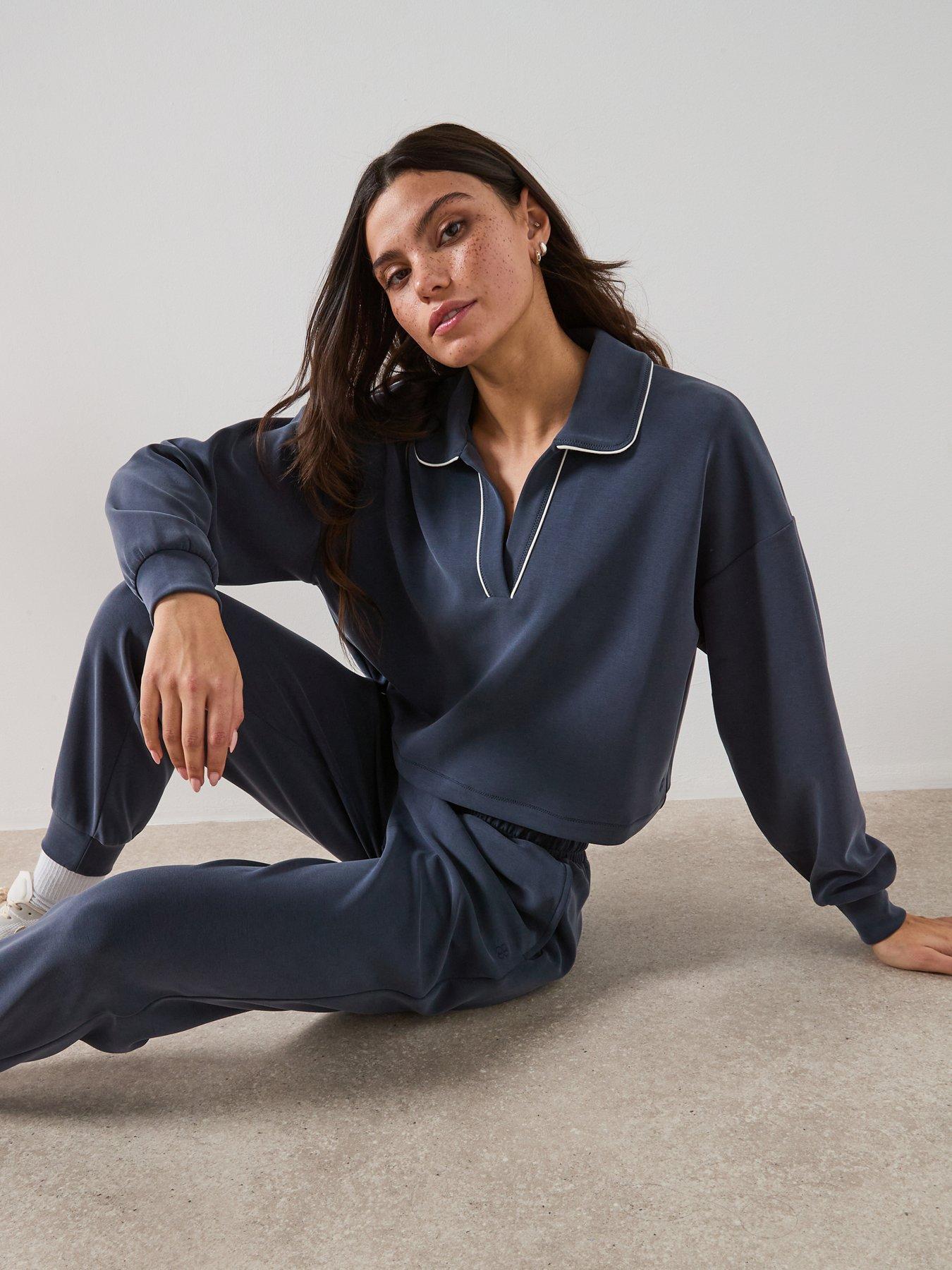 Image 5 of 5 of Sweaty Betty Womens Training Sand Wash Crop Henley Sweatshirt - Navy