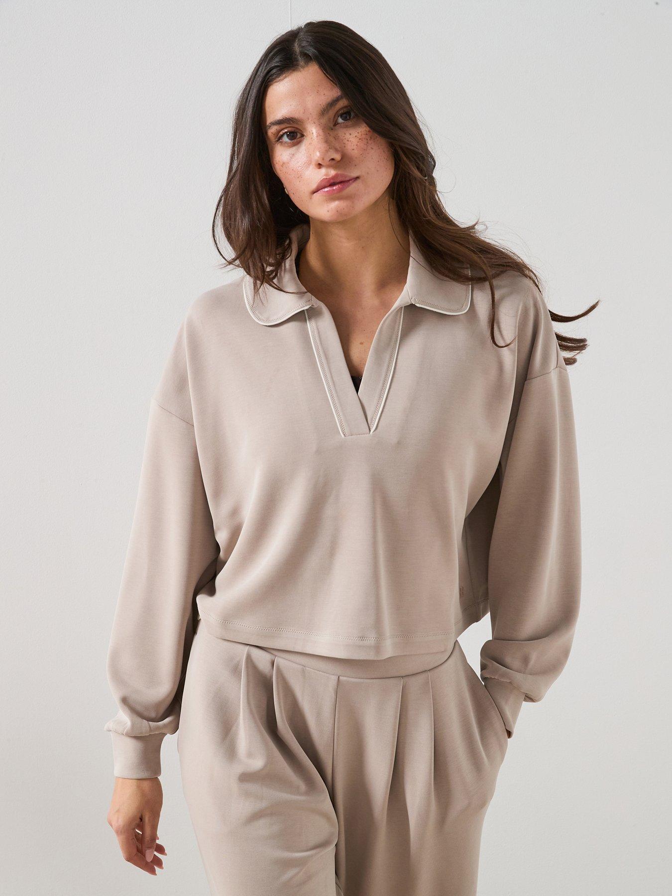 Sweaty Betty Womens Training Sand Wash Crop Henley Sweatshirt - Beige