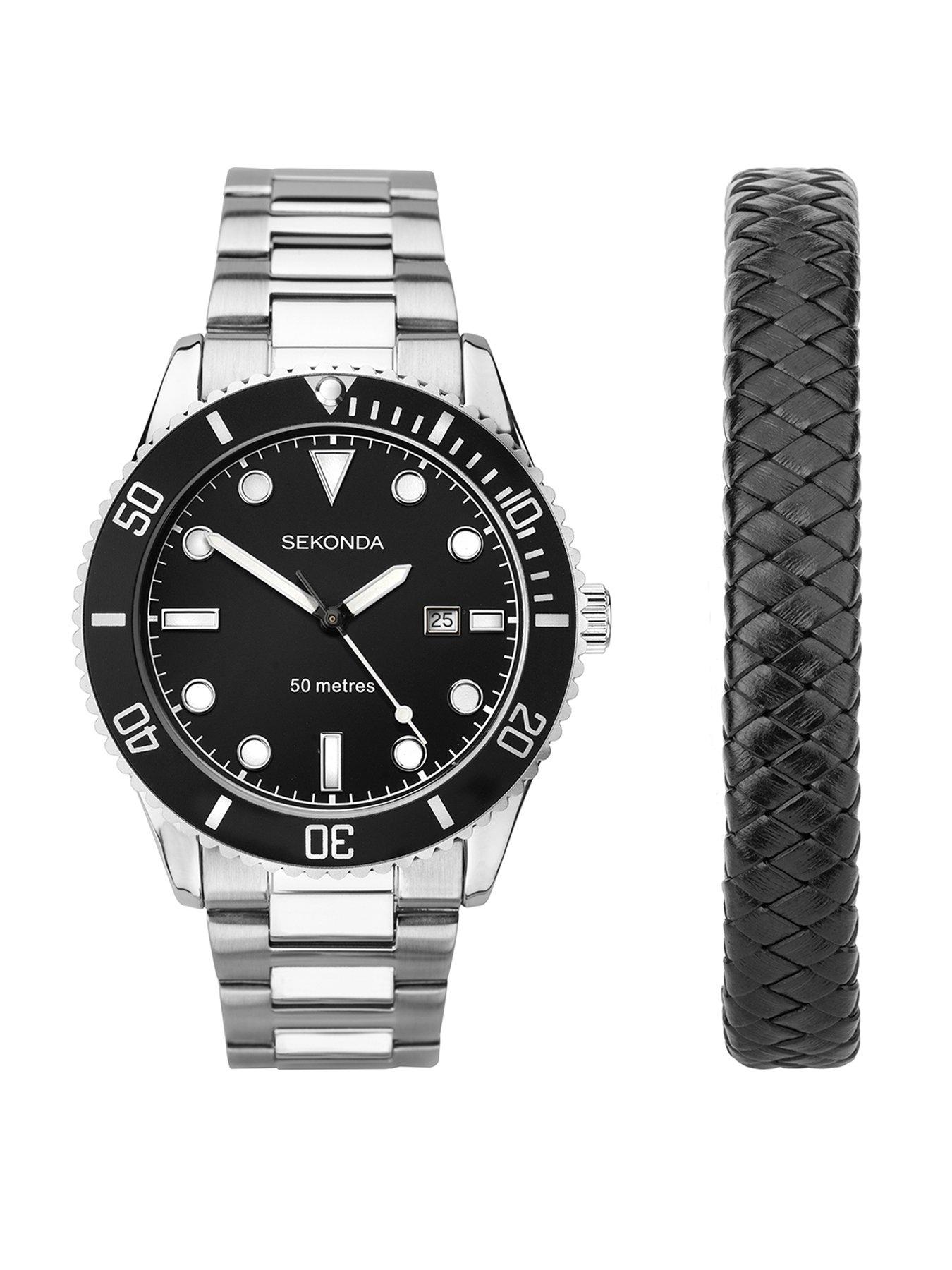 Sekonda Mens Ocean Silver Stainless Steel Bracelet with Black Dial Analogue Watch Gift Set