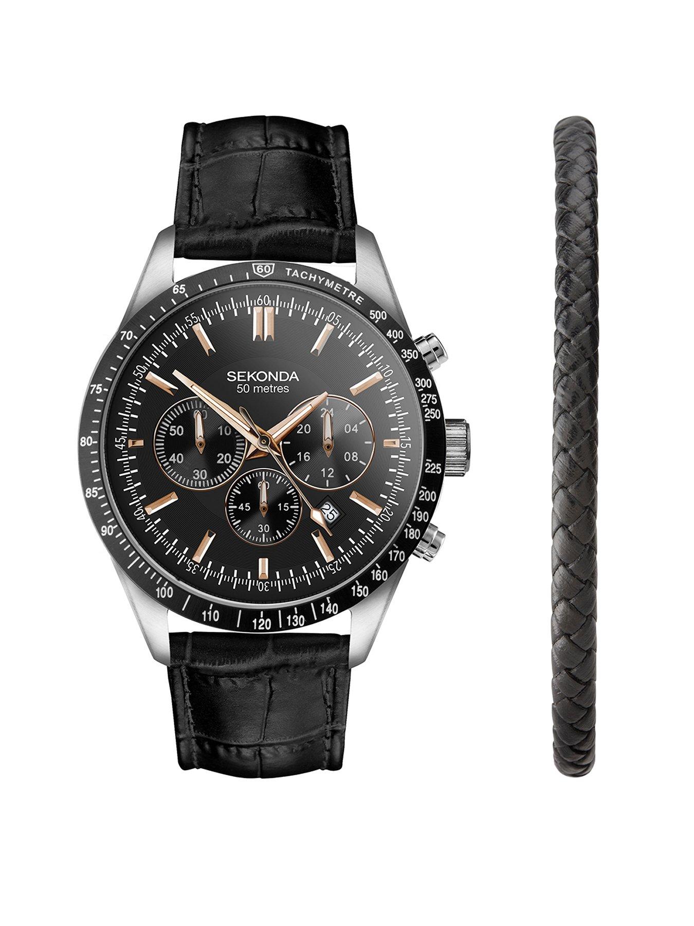 Sekonda Sekonda Mens Velocity Black Leather Strap with Black Dial Chronograph Watch Gift Set