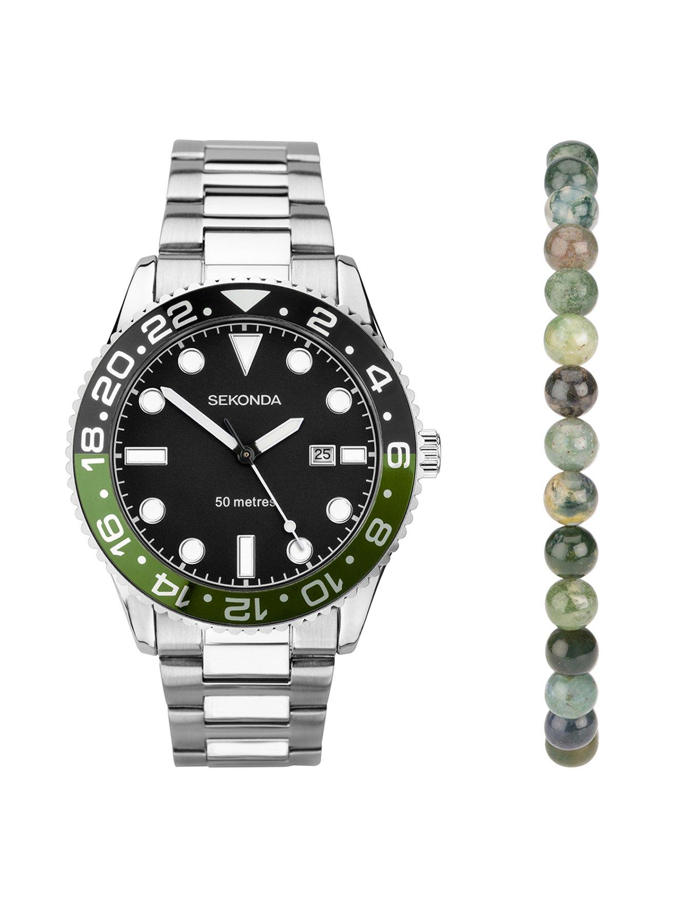 Sekonda Sekonda Mens Ocean Silver Stainless Steel Bracelet with Black Dial Analogue Watch Gift Set