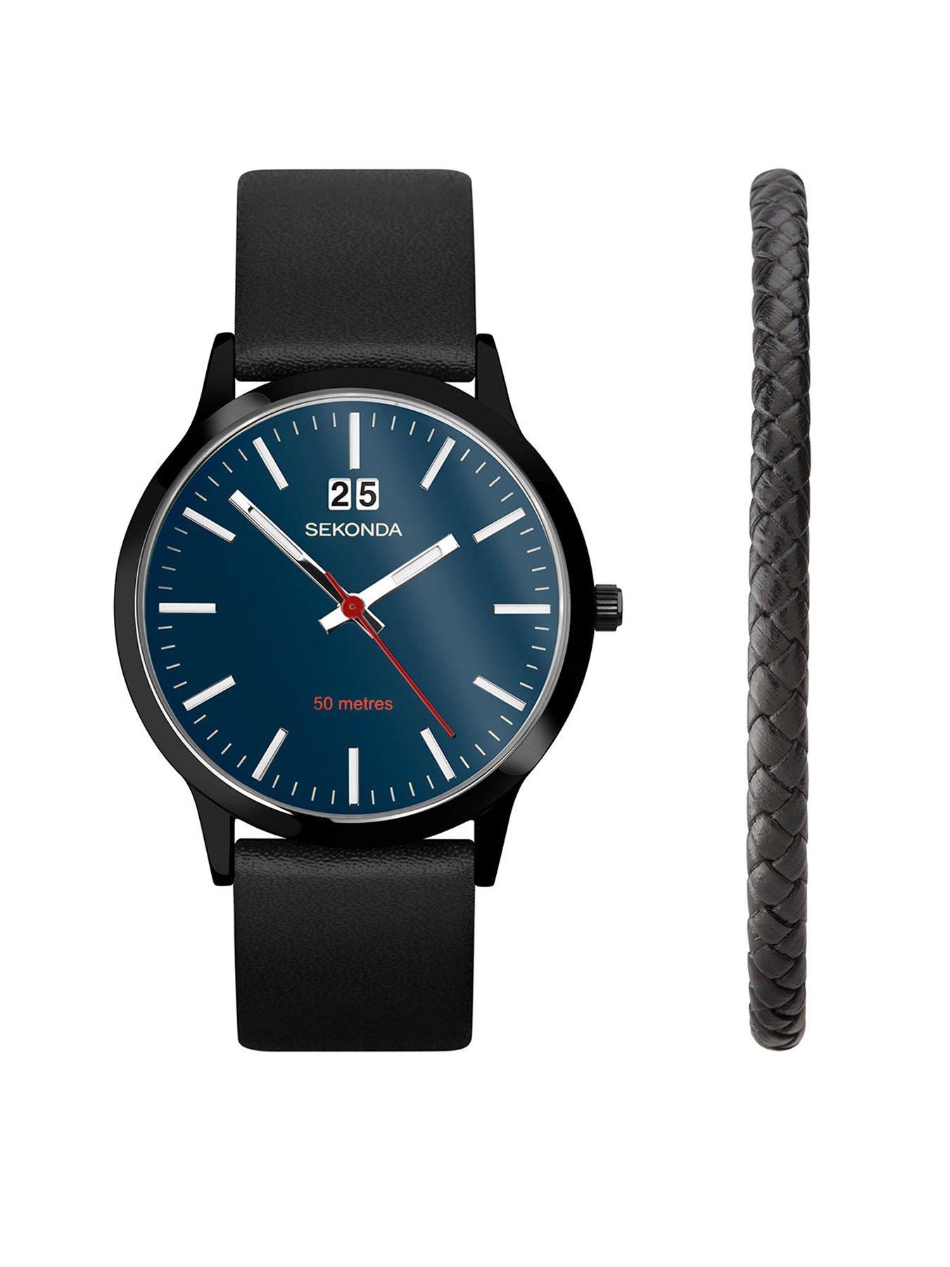 Sekonda Sekonda Mens Nordic Black Leather Strap with Blue Dial Chronograph Watch Gift Set