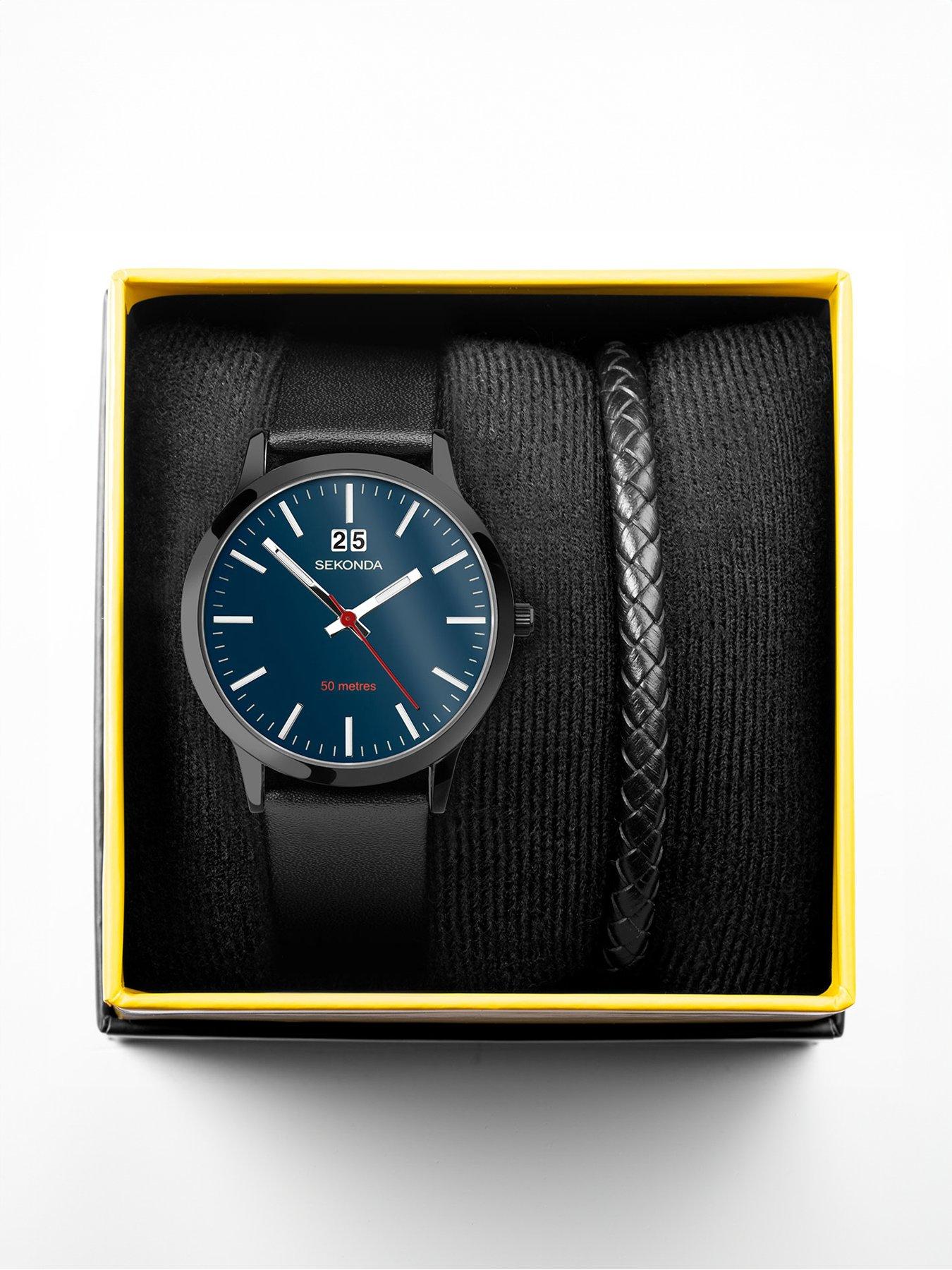Image 7 of 7 of Sekonda Sekonda Mens Nordic Black Leather Strap with Blue Dial Chronograph Watch Gift Set