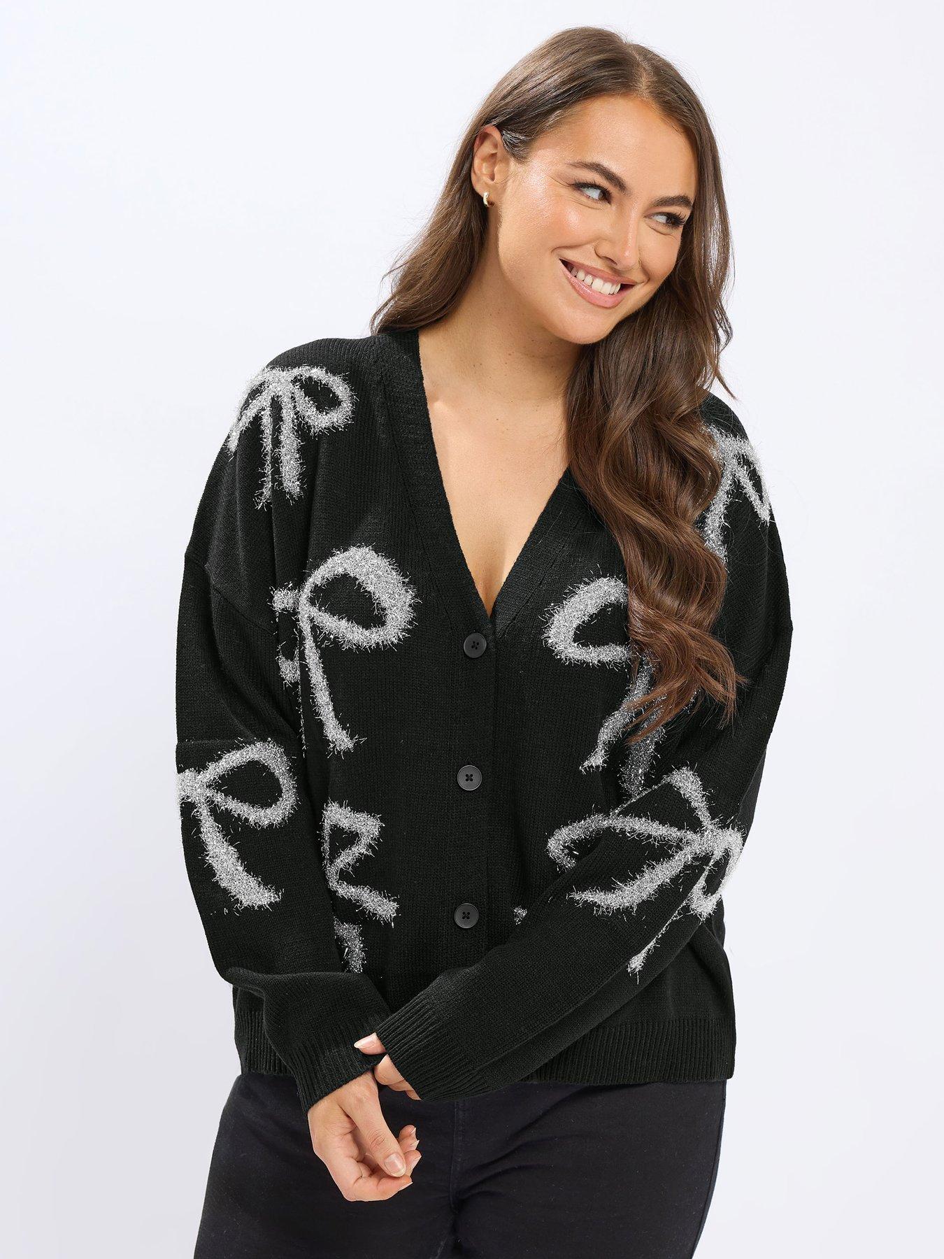Image 1 of 4 of Yours Curve Bow Tinsel Cardigan - Black