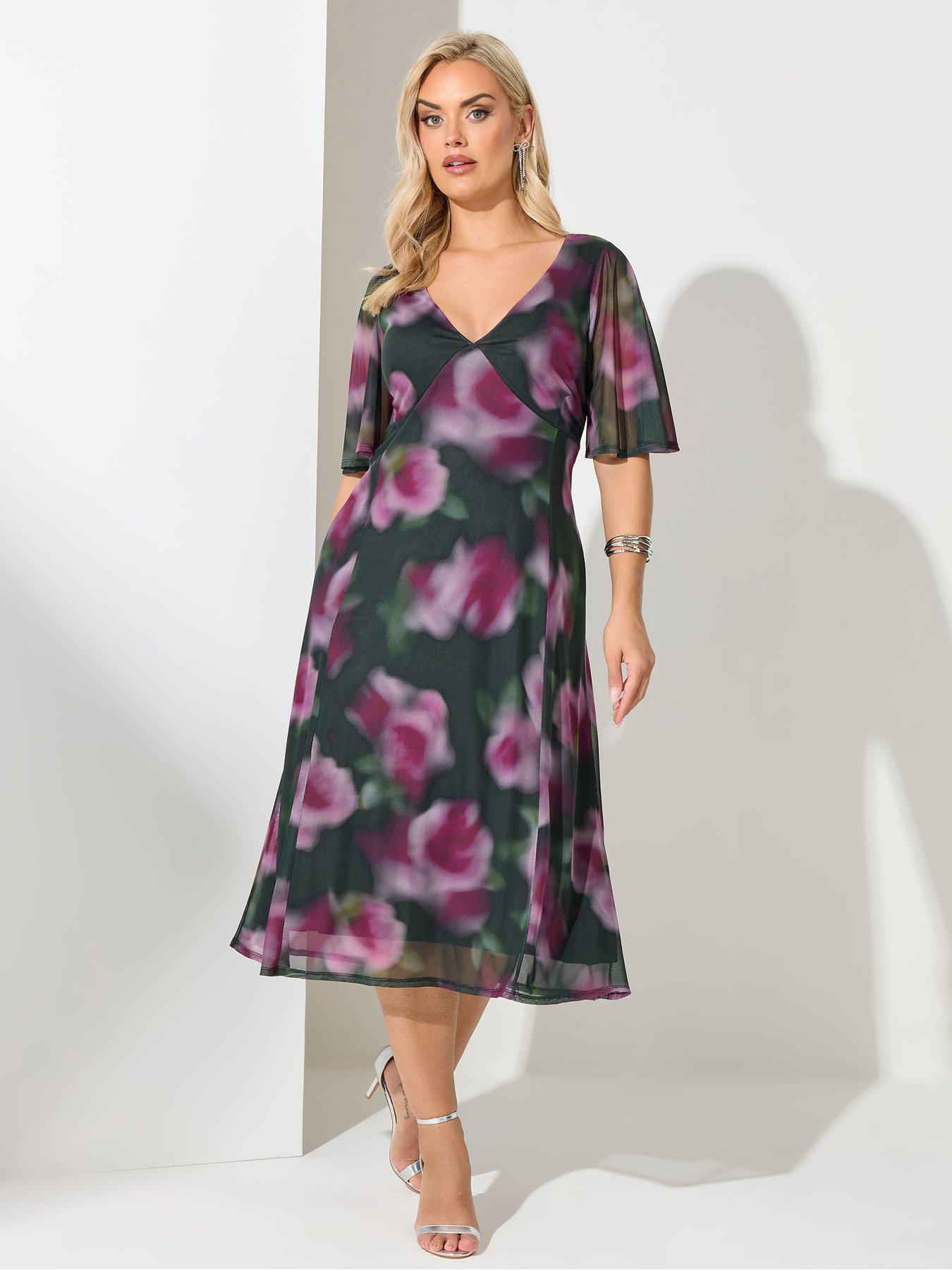 Yours Curve Floral Mesh Tea Dress - Green