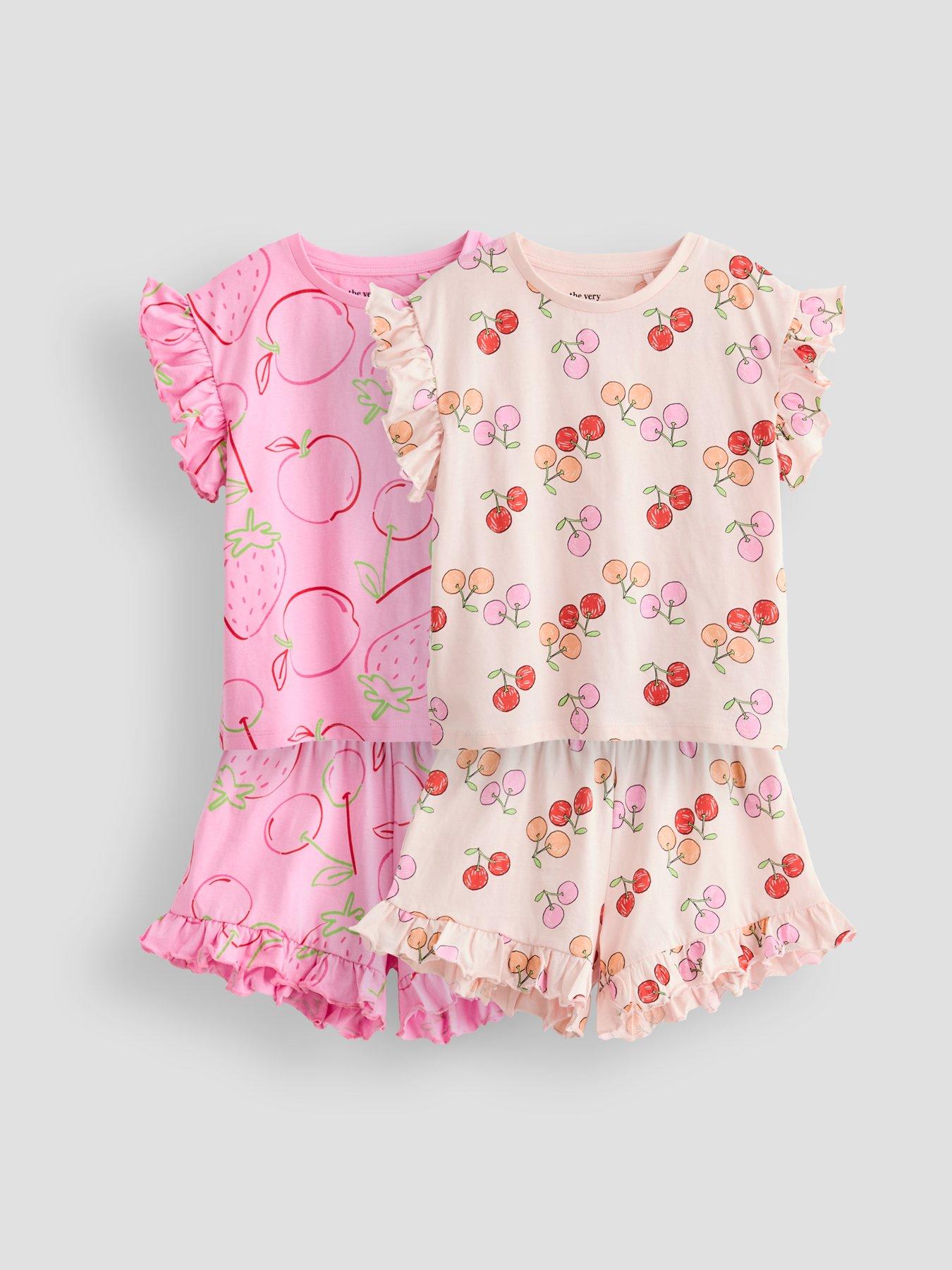 The Very Collection Girls 2 Pack Fruit Print Frill Pyjamas - Pink