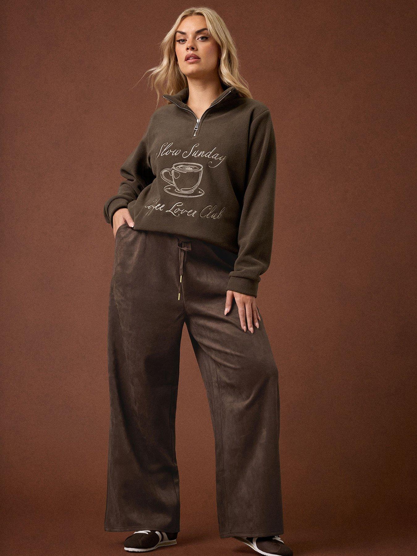Yours Curve Suedette Wide Leg Trouser - Brown