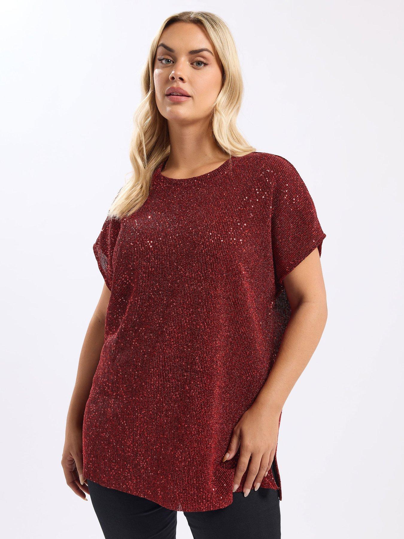 Yours Curve Sequin T-Shirt - Red