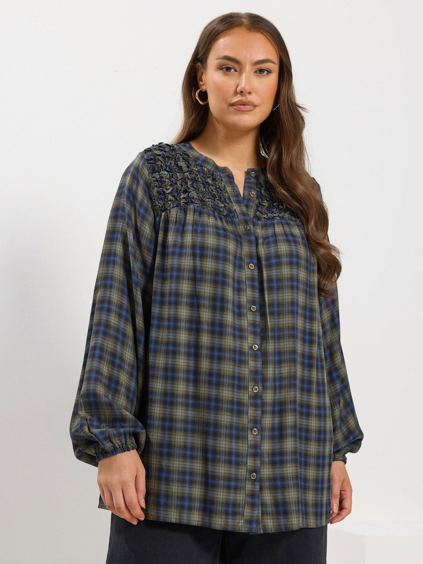 Yours Curve Shirred Panel Check Blouse - Green