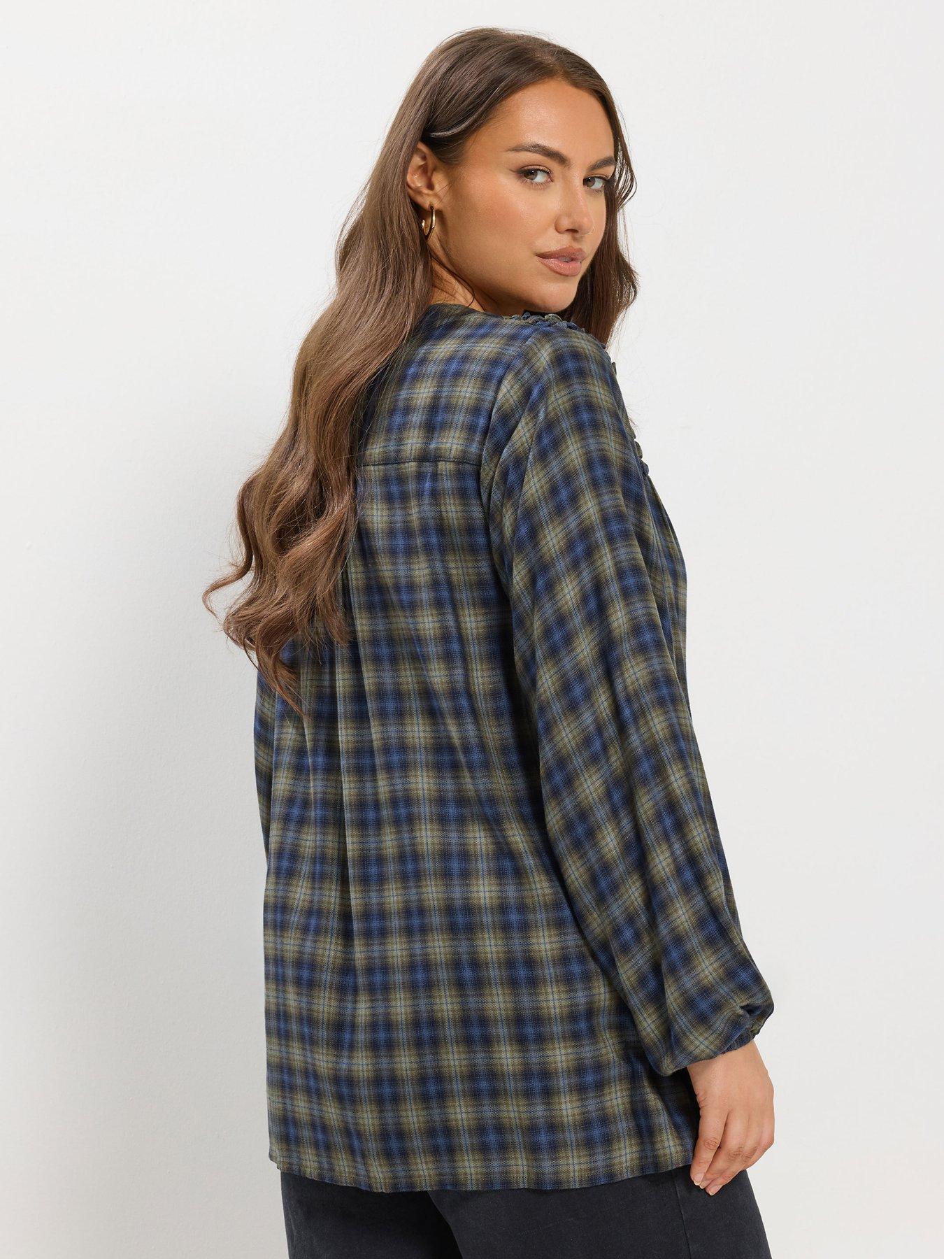 yours-curve-shirred-panel-check-blouse-greenstillFront