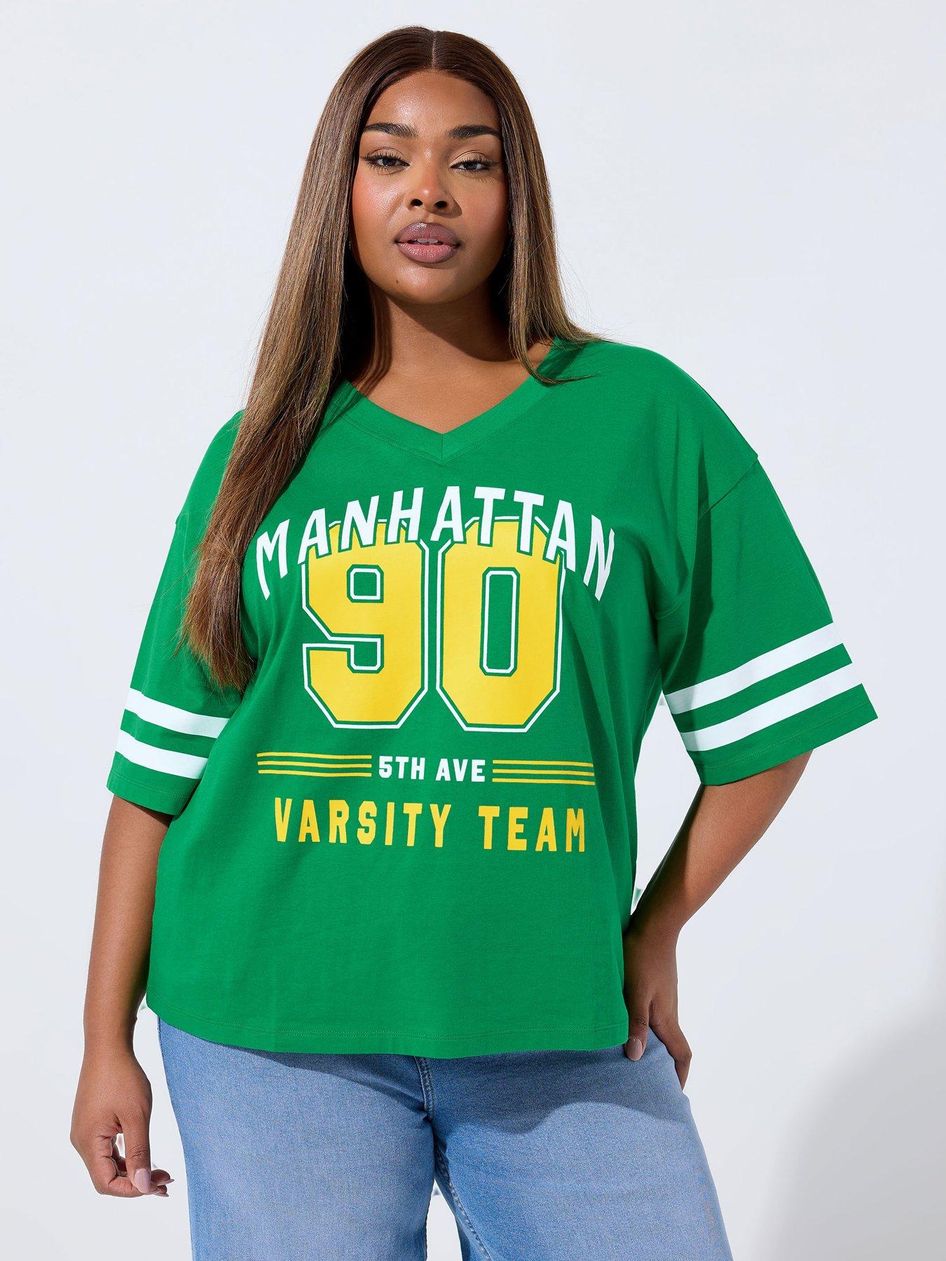 Yours Curve V Neck Varsity 90 Sport T-Shirt - Green
