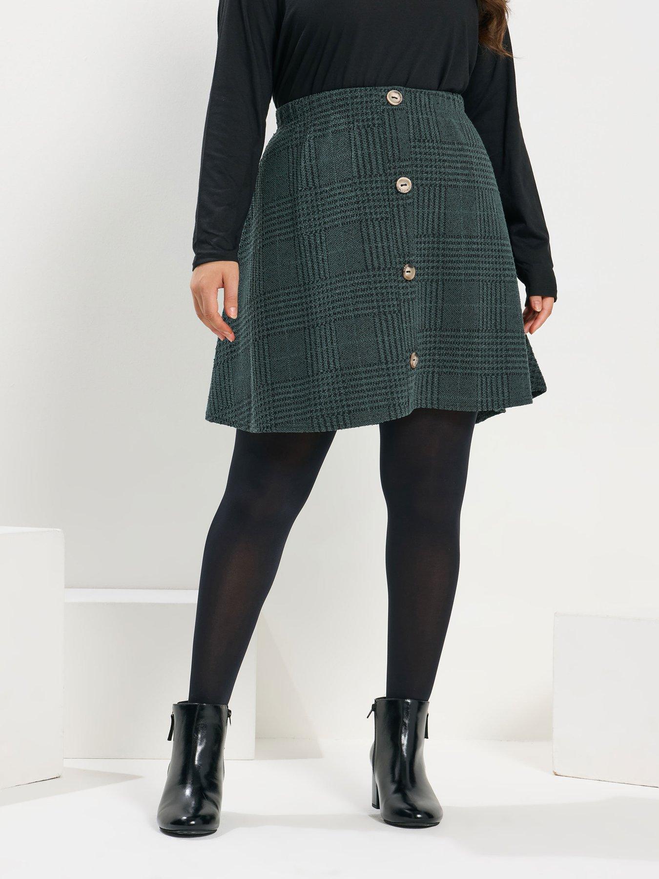Yours Curve Button Front Skirt - Green