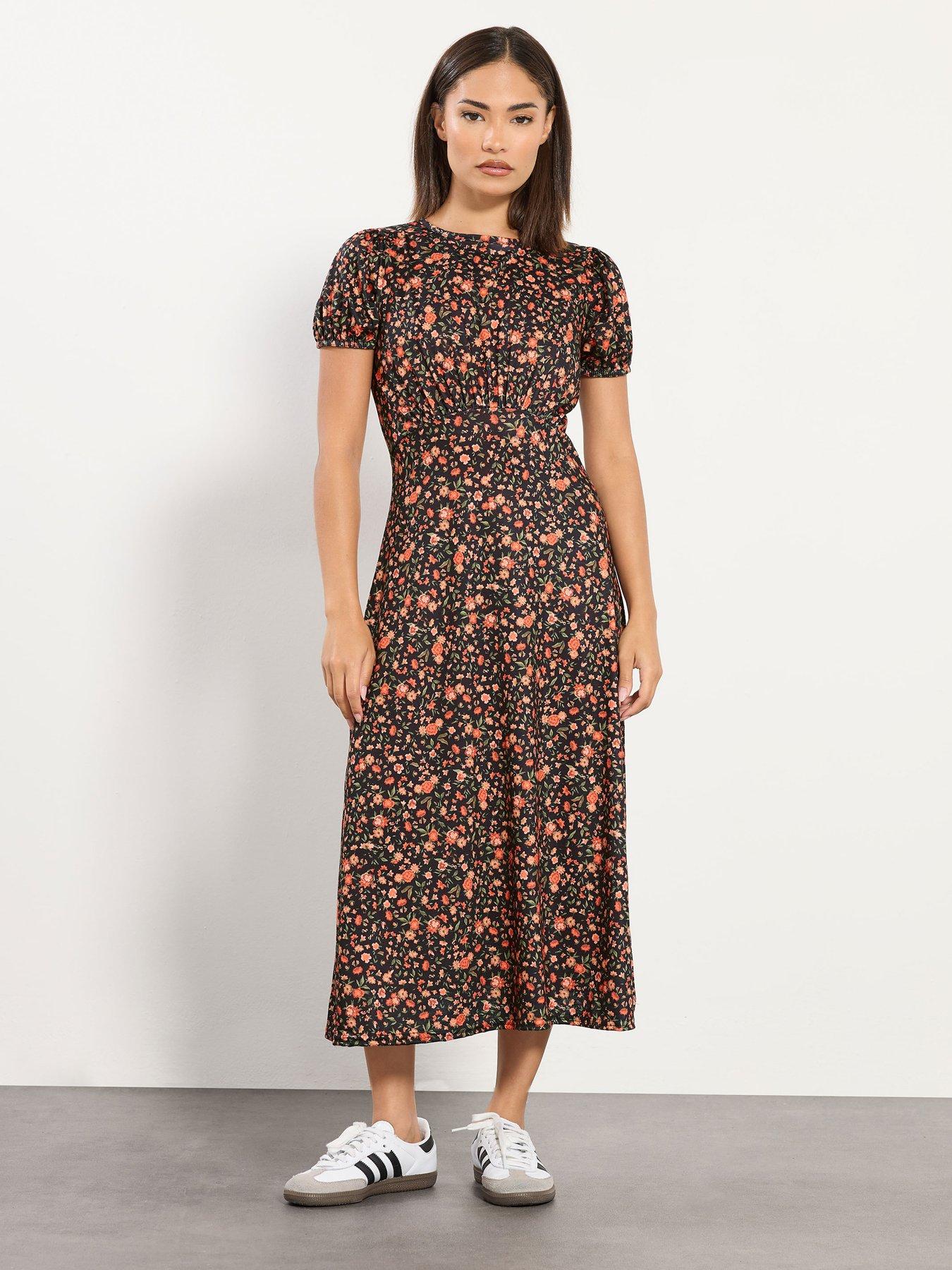 pixiegirl-petite-ditsy-puff-sleeve-midi-dress-orange