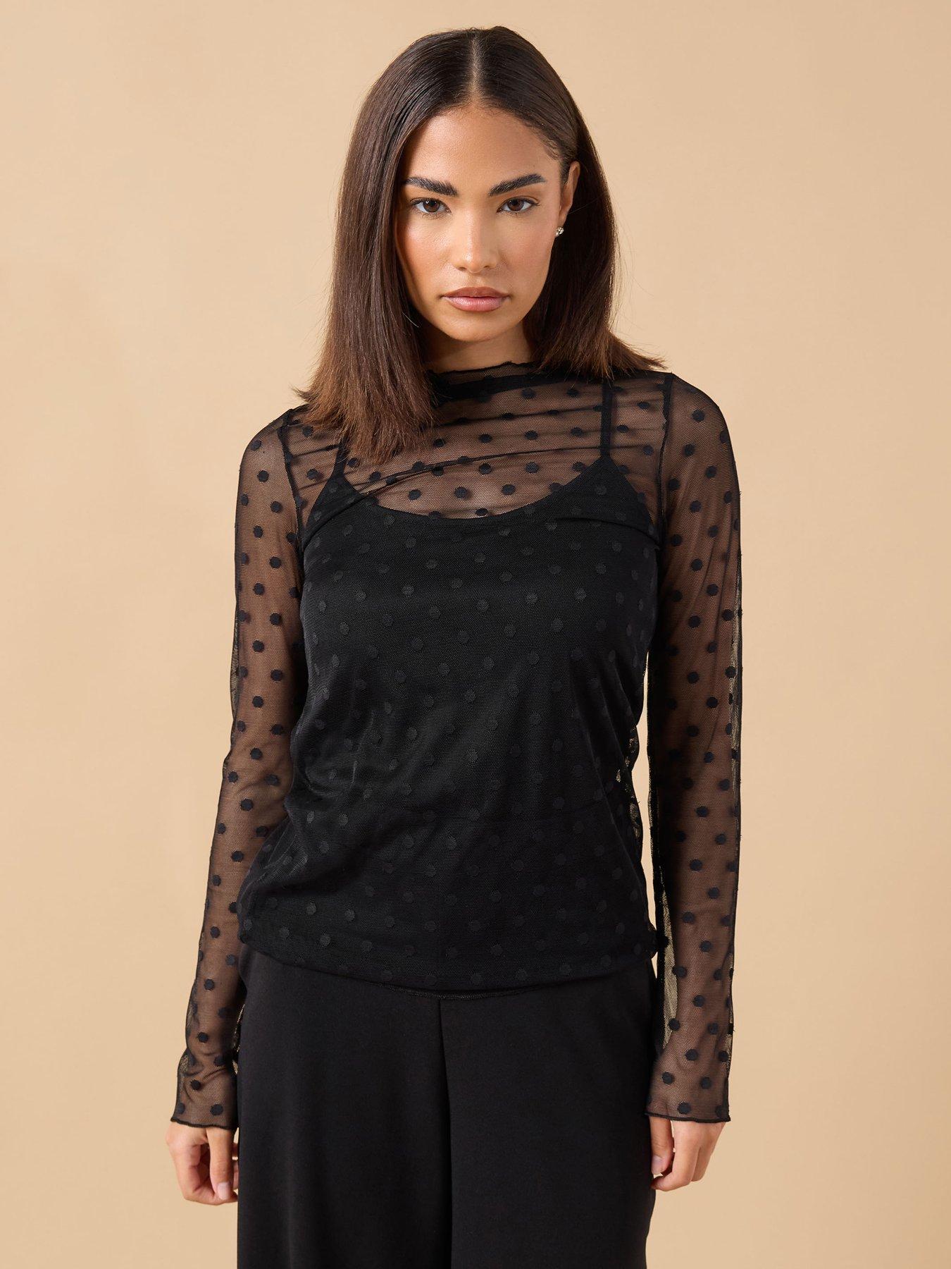 pixiegirl-petite-spot-mesh-long-sleeve-top-black