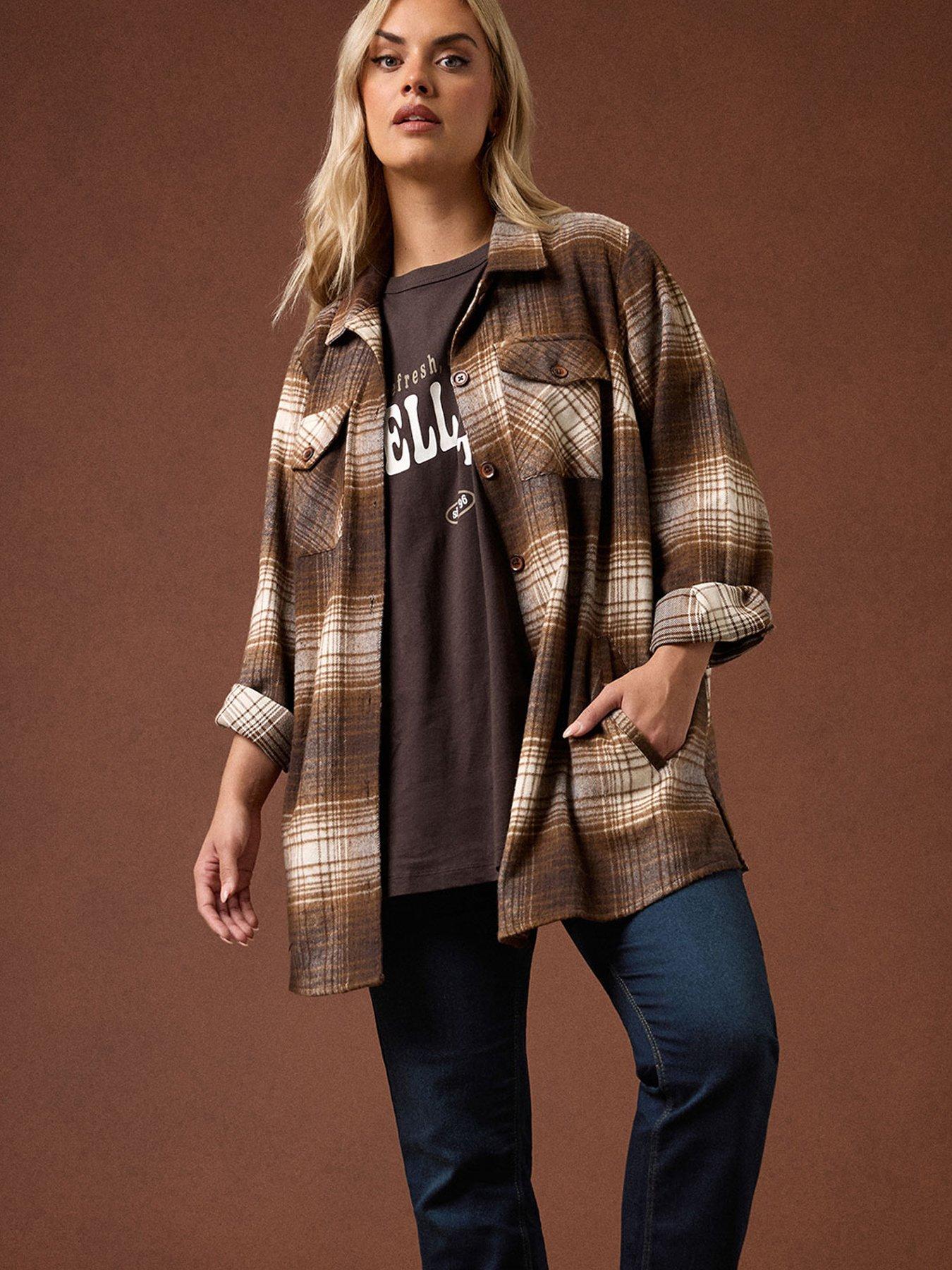 Image 1 of 6 of Yours Curve Check Shacket - Brown
