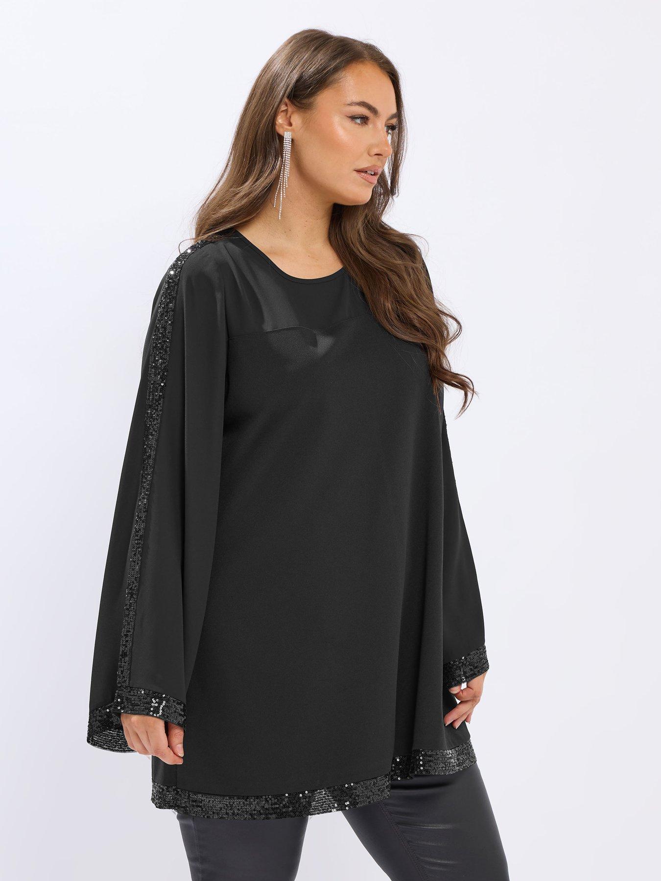 Yours Curve Sequin Panel Flare Tunic Top - Black