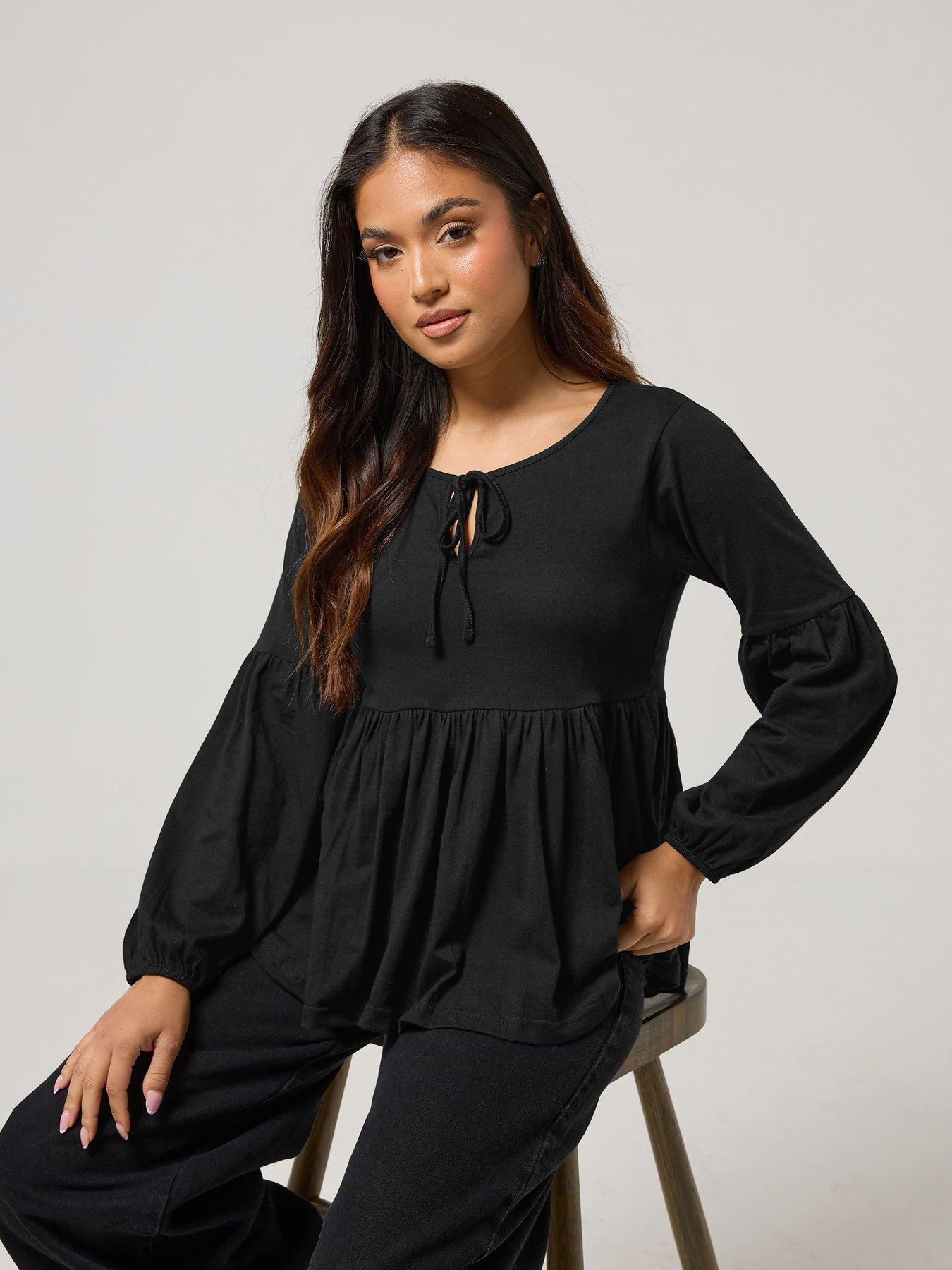 pixiegirl-petite-tie-front-smock-top-blackfront