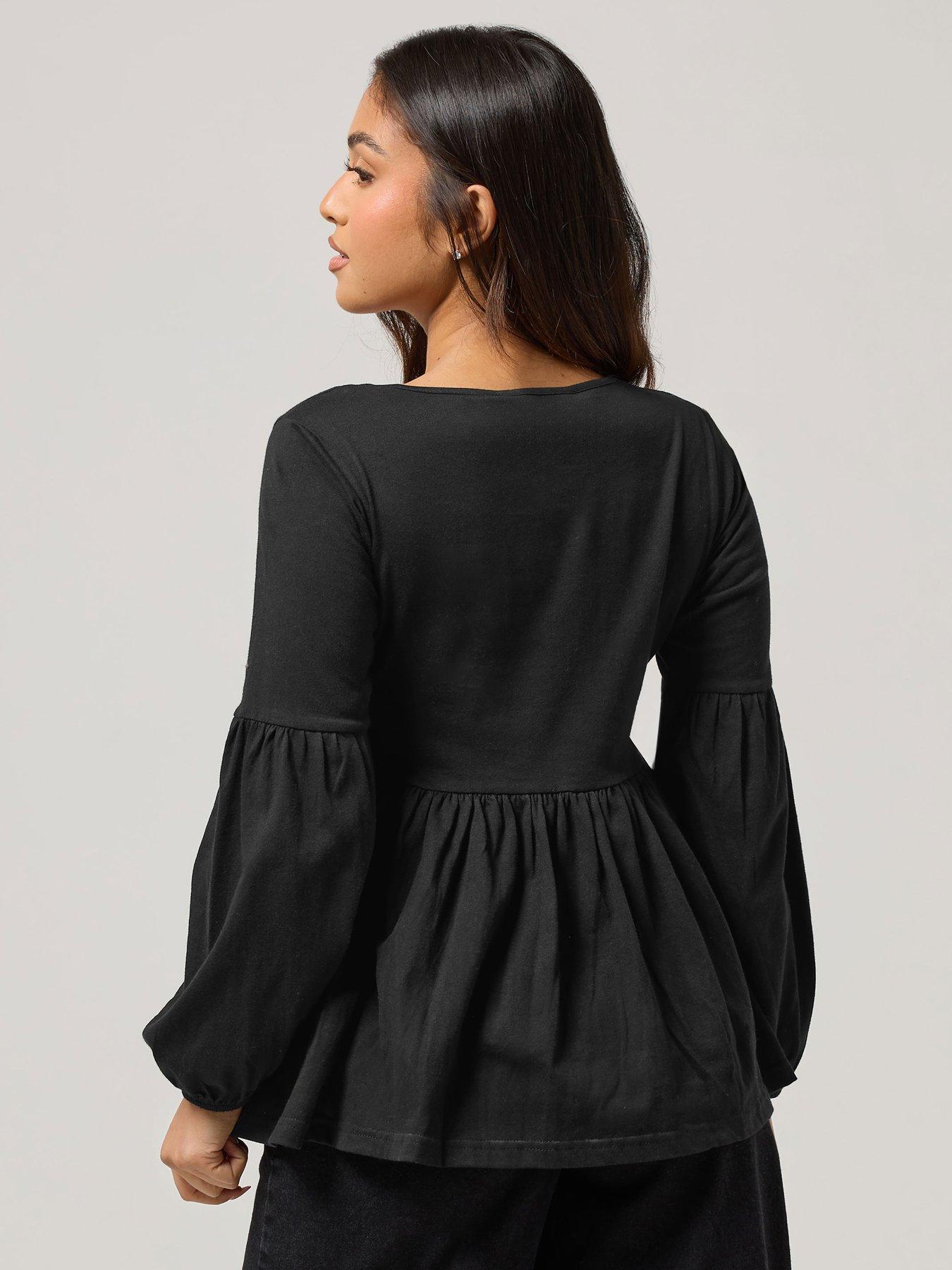 pixiegirl-petite-tie-front-smock-top-blackstillFront