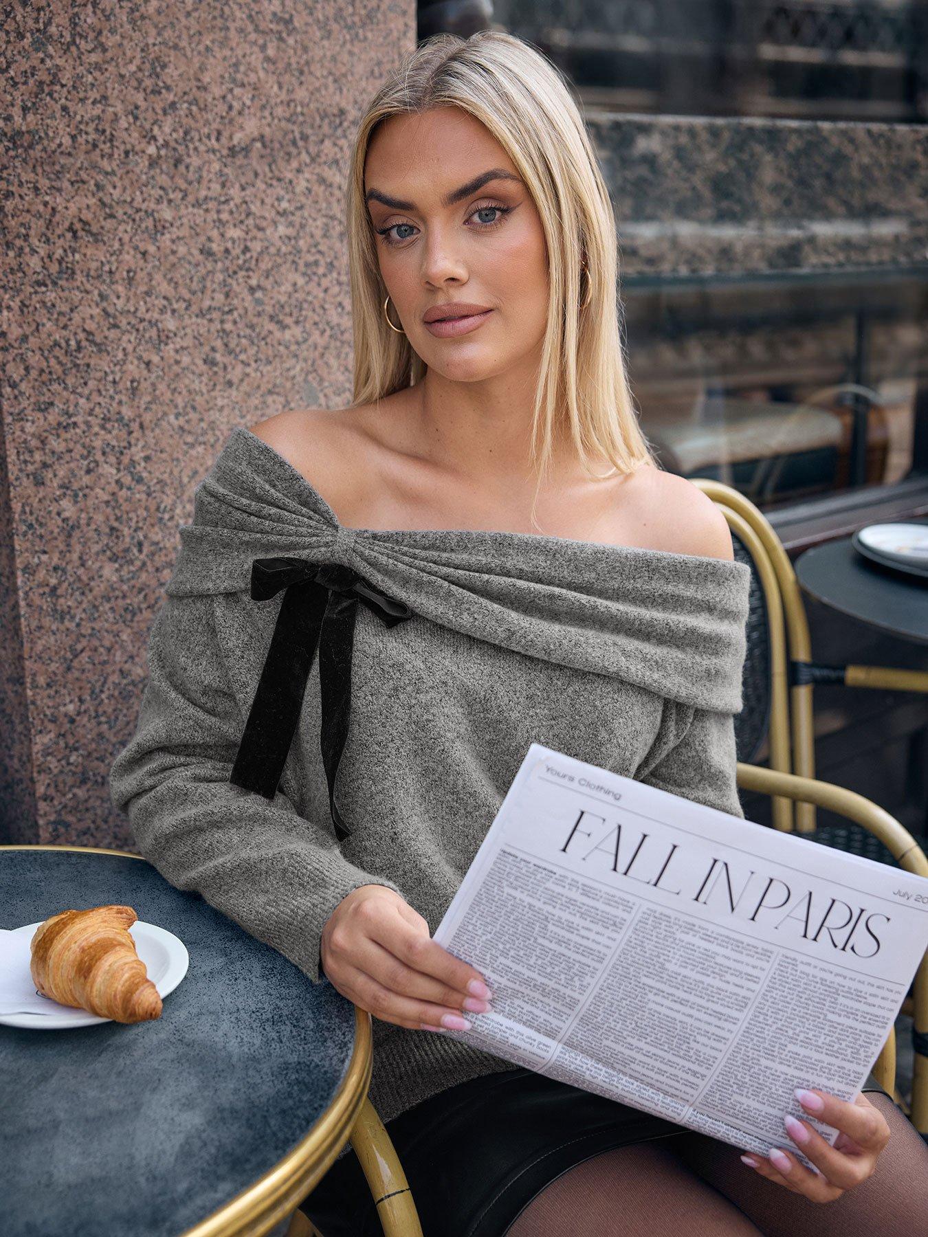 yours-curve-bardot-bow-jumper-grey