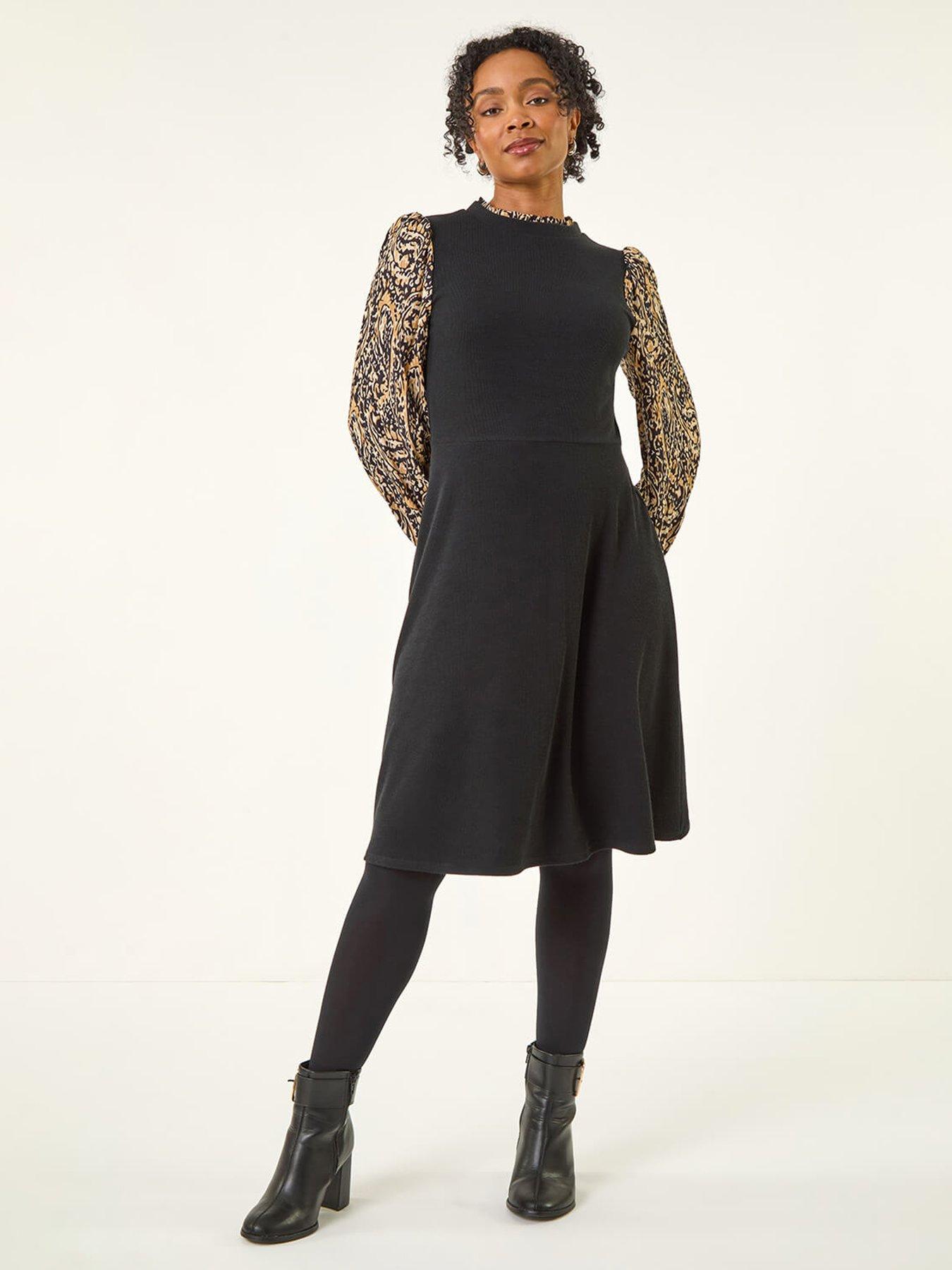 Roman Petite Contrast Frill Stretch Dress - Black