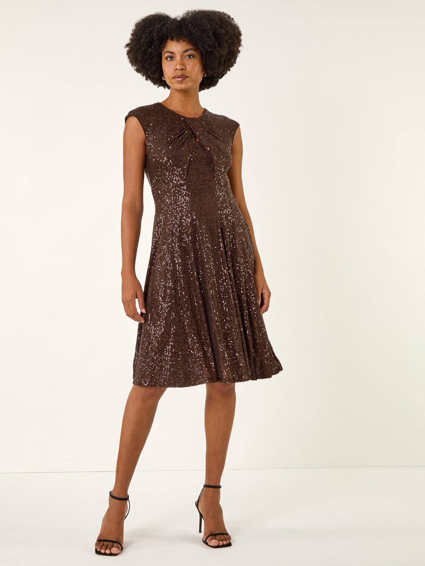 roman-sequin-twist-front-stretch-dress-brown