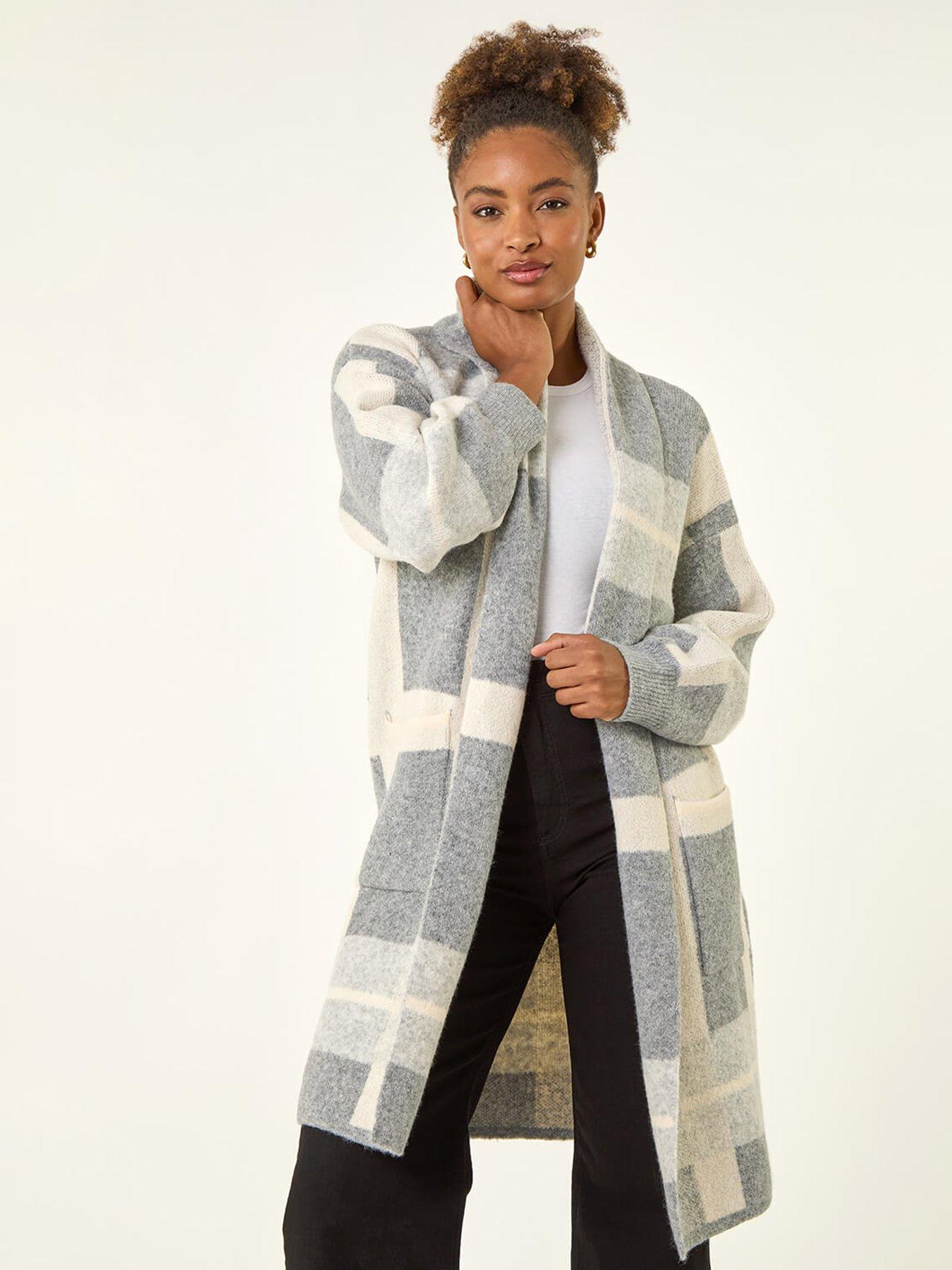 Roman Check Longline Pocket Cardigan - Grey