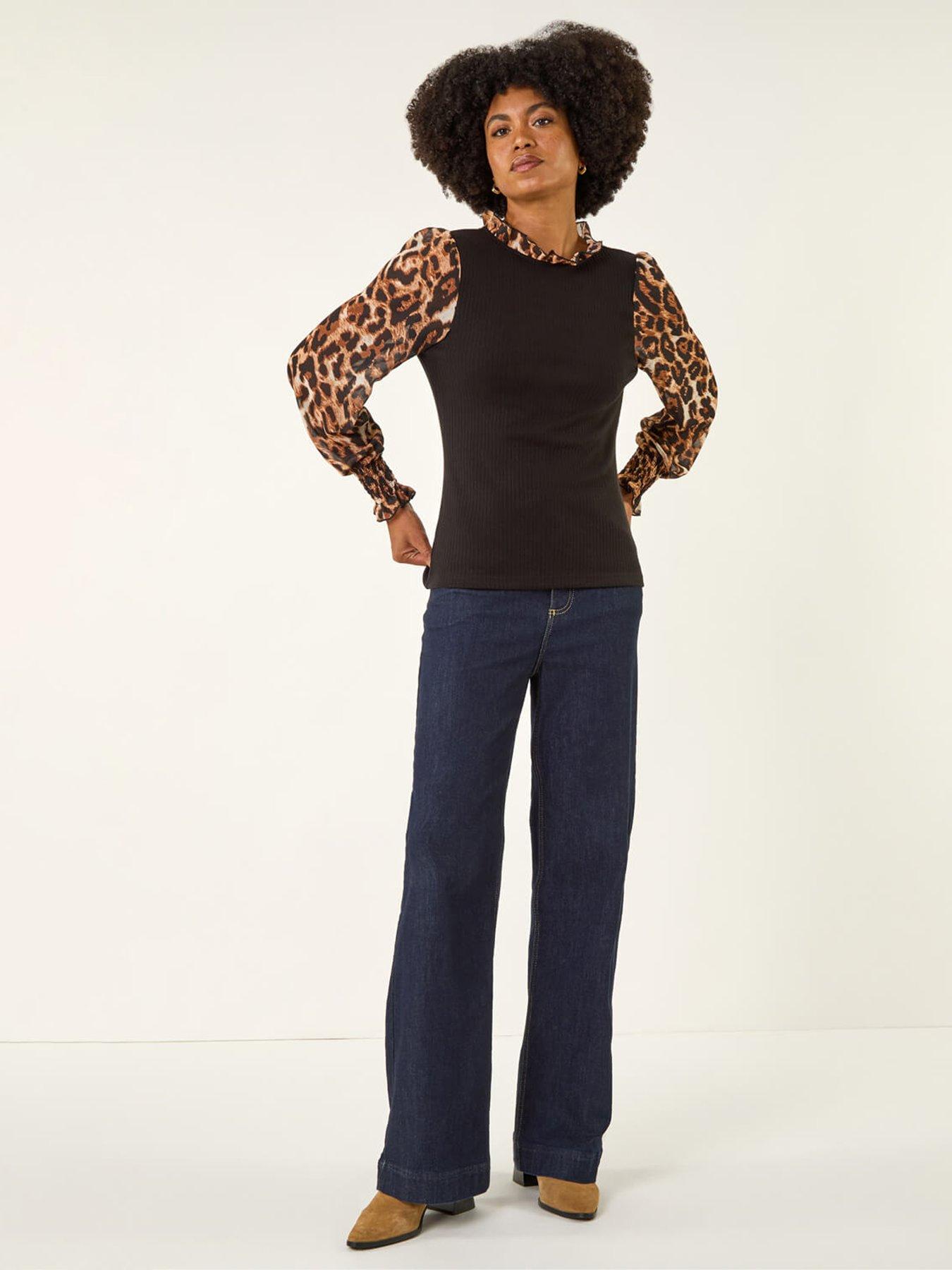 roman-animal-print-sleeve-stretch-top-blackfront