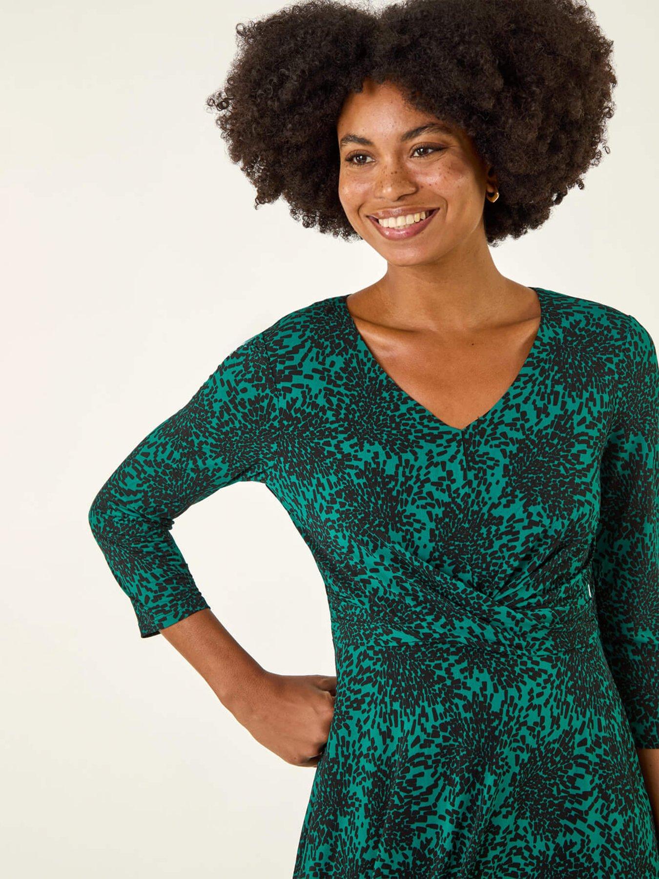 roman-speckled-print-wrap-bodice-midi-dress-blueoutfit