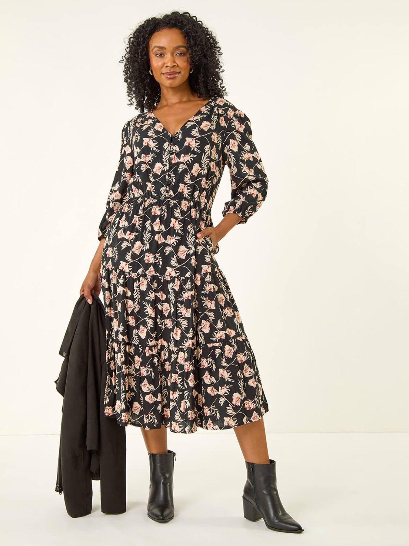 Roman Petite Floral Tiered Midi Dress - Black