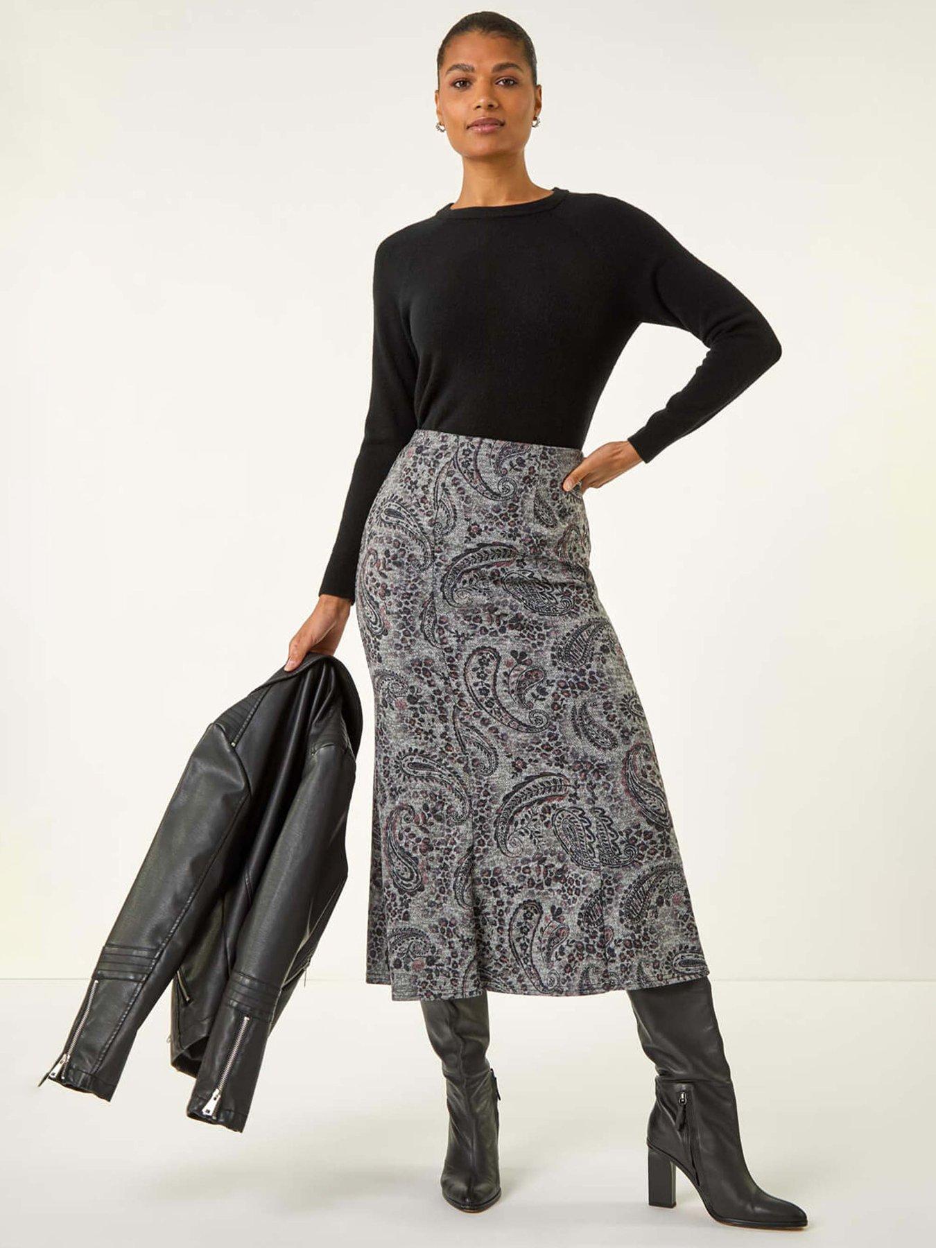Roman Paisley Print Stretch Midi Skirt - Grey