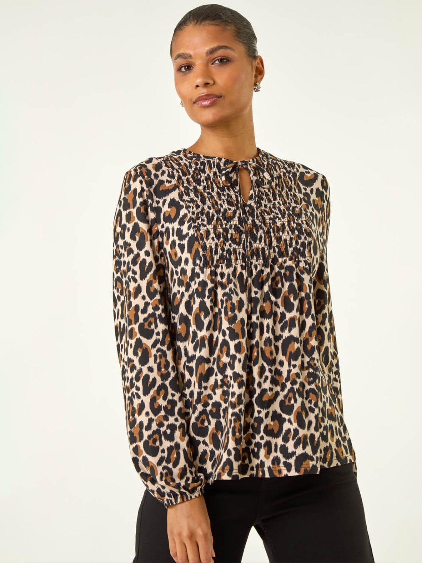 Roman Animal Print Shirred Tie Neck Top - Beige