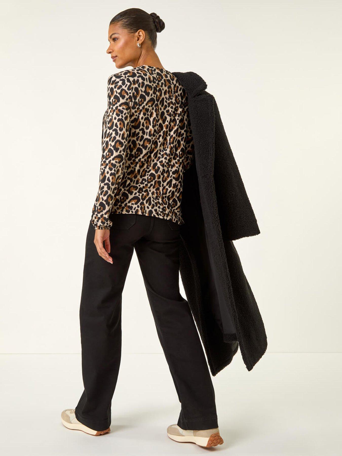 Image 2 of 5 of Roman Animal Print Shirred Tie Neck Top - Beige