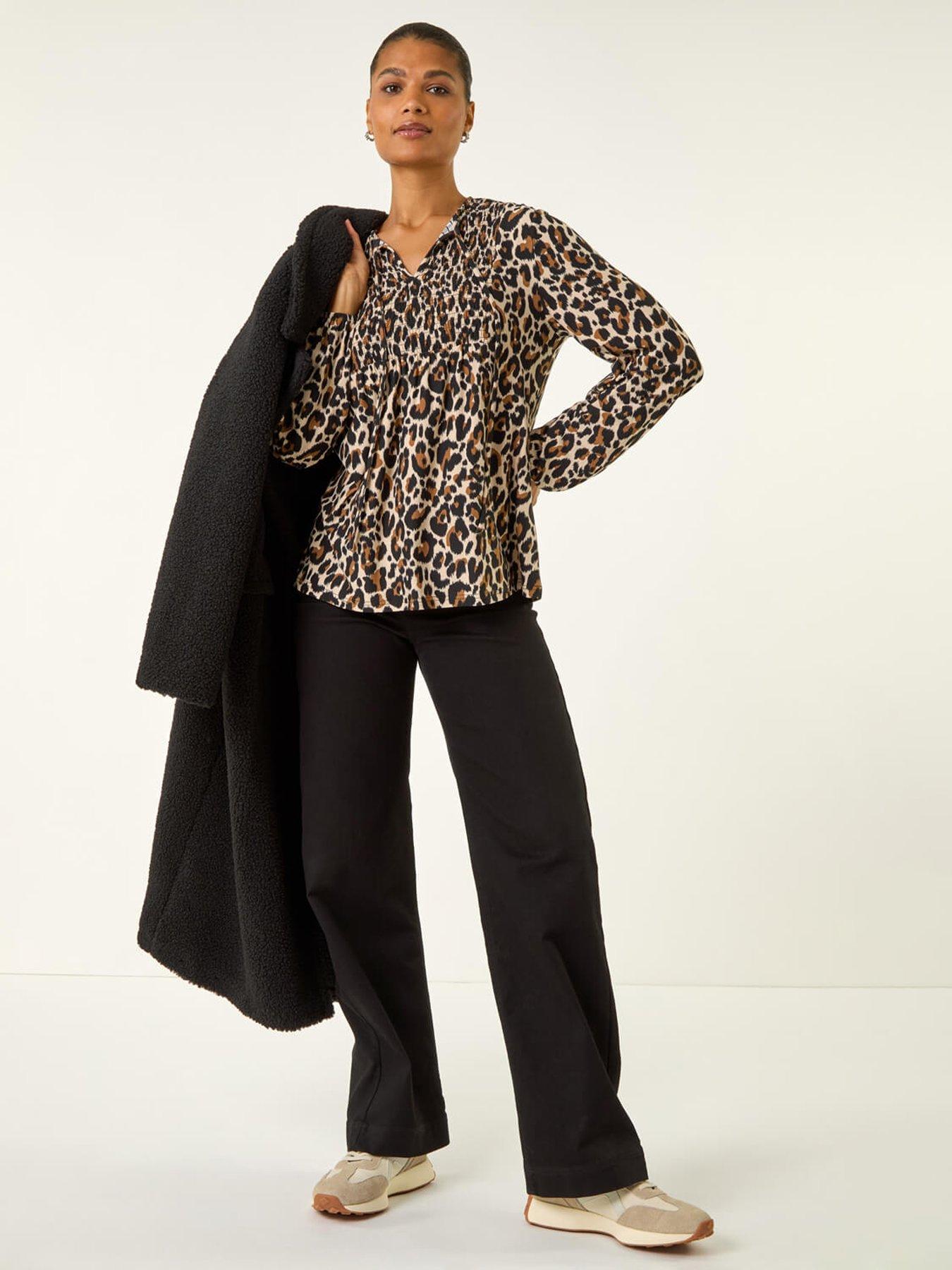 Image 3 of 5 of Roman Animal Print Shirred Tie Neck Top - Beige