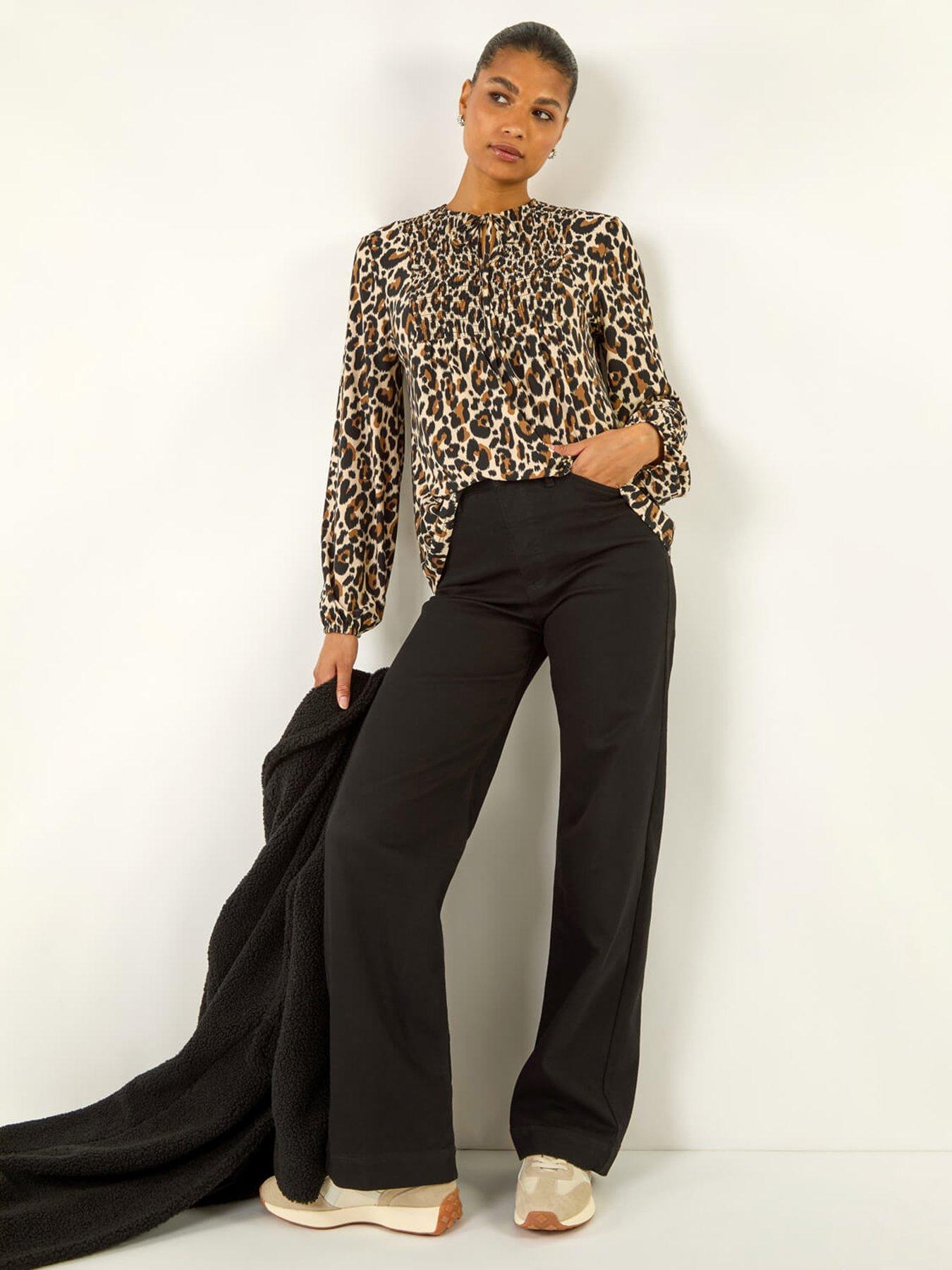 Image 4 of 5 of Roman Animal Print Shirred Tie Neck Top - Beige