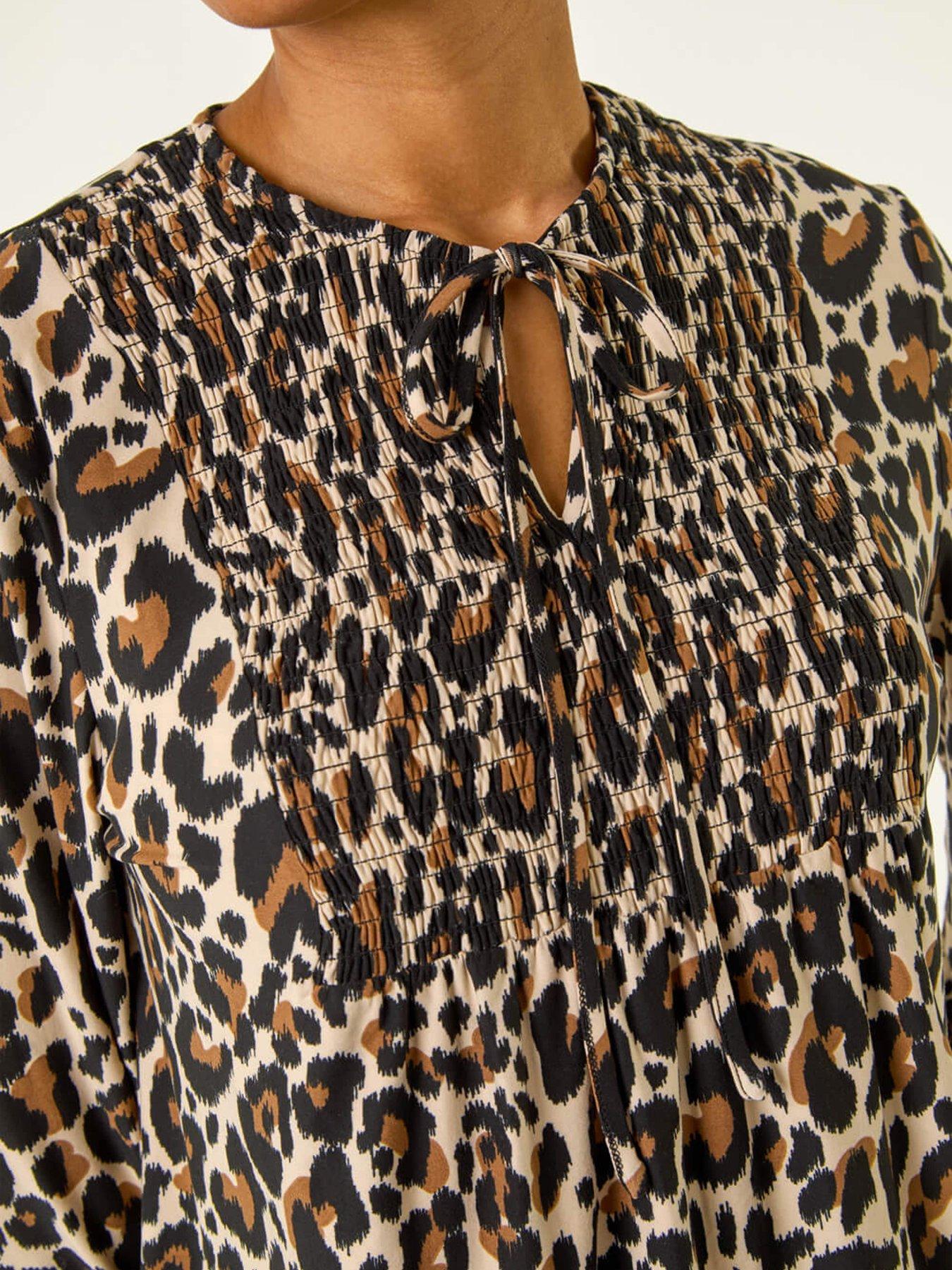 Image 5 of 5 of Roman Animal Print Shirred Tie Neck Top - Beige