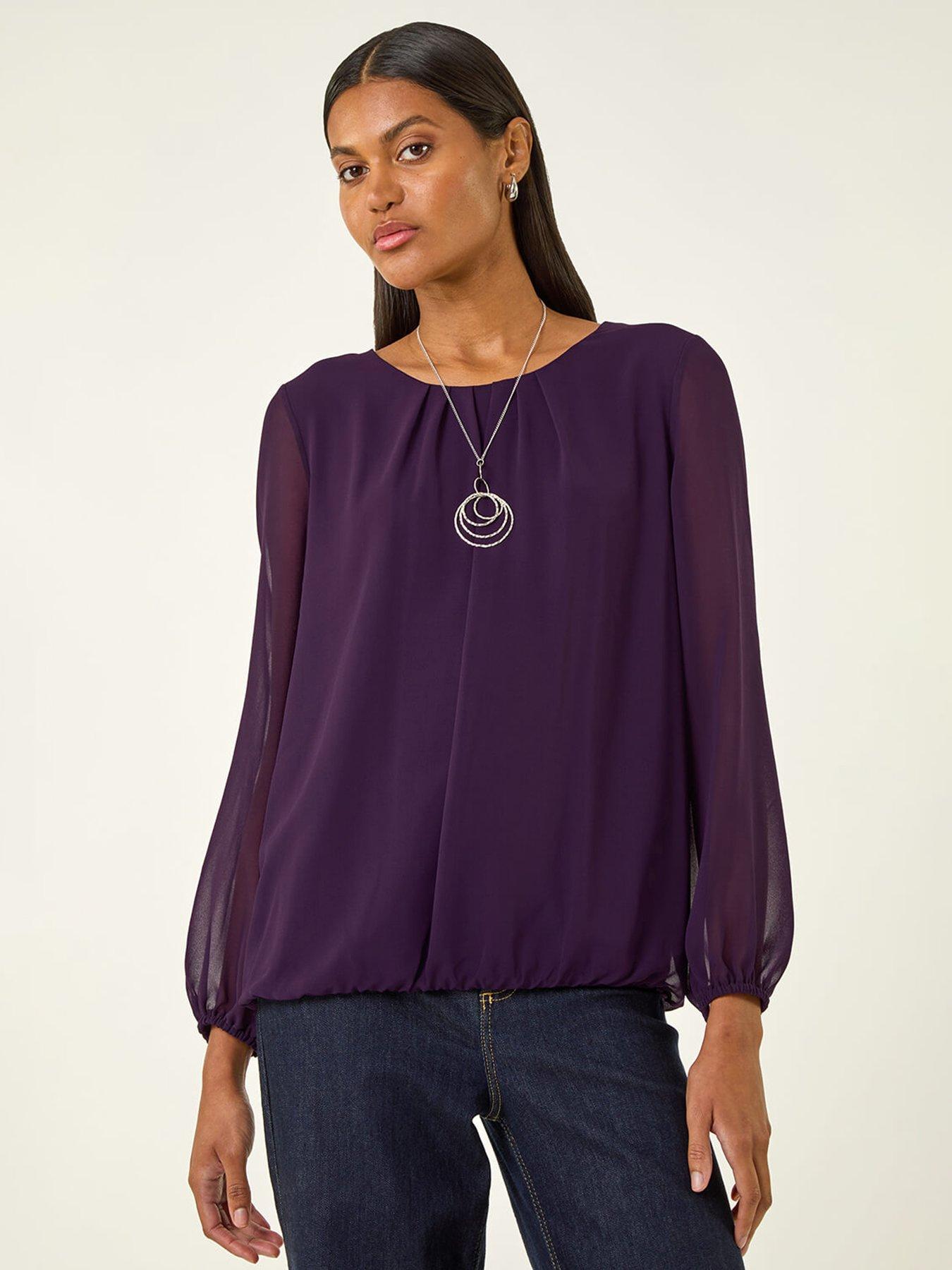 Roman Pleated Chiffon Necklace Top - Purple