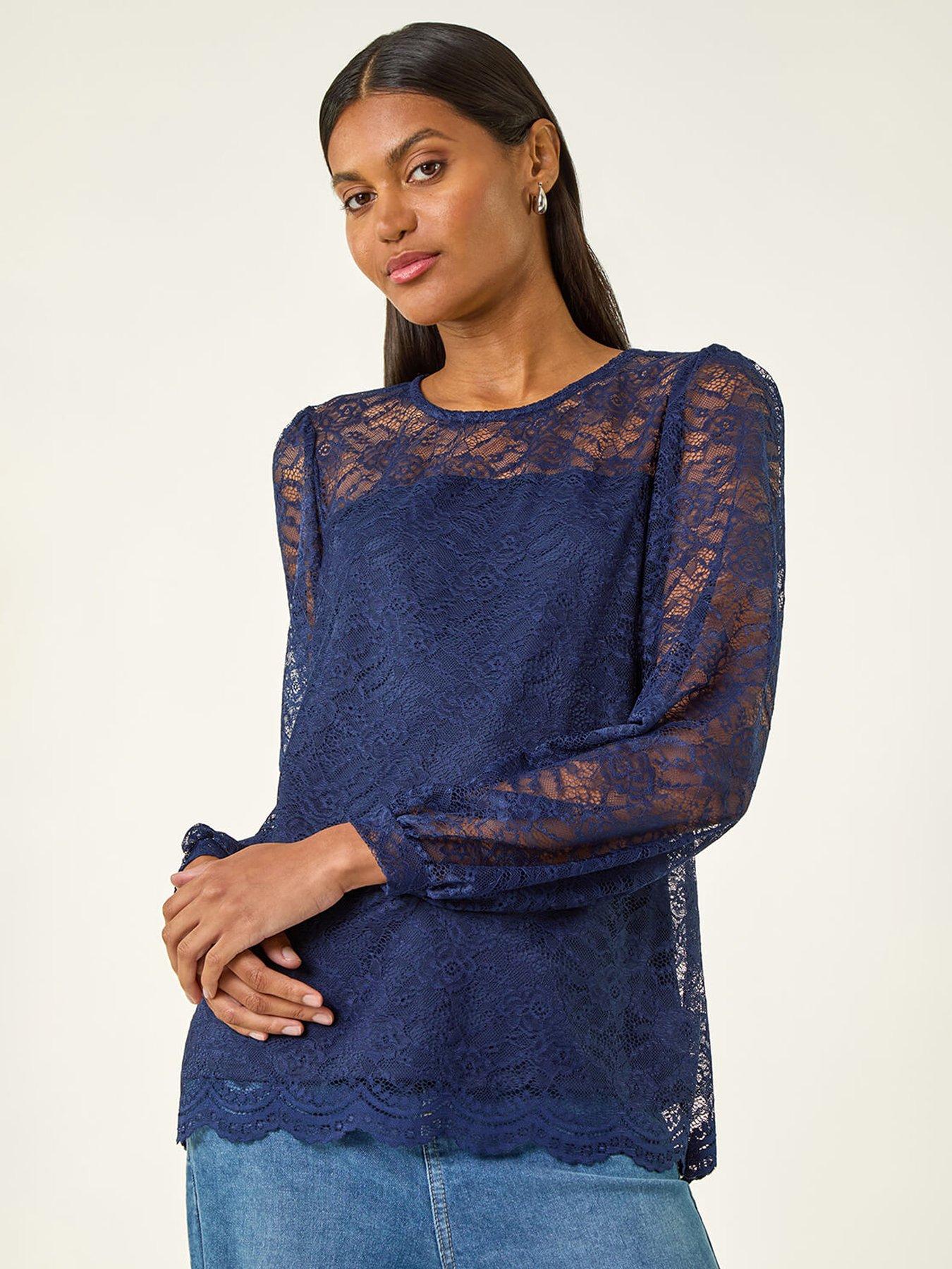 Roman Lace Jersey Stretch Top - Navy